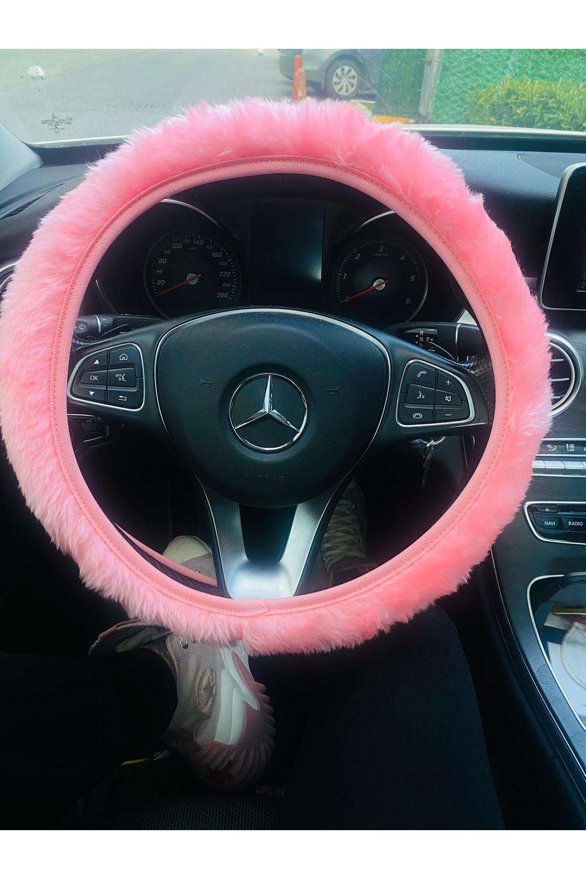 Açık pembe Peluş Her marka araca uygun direksiyon kılıfı