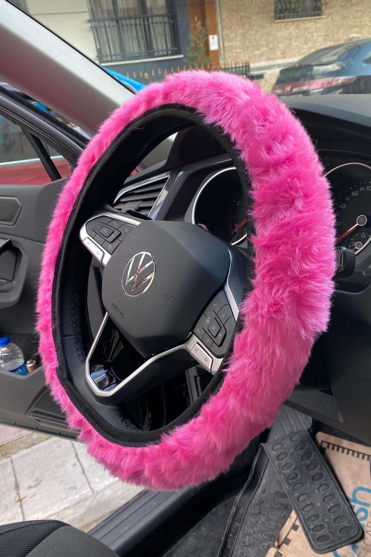 Fuşya pembe peluş direksyion kılıfı