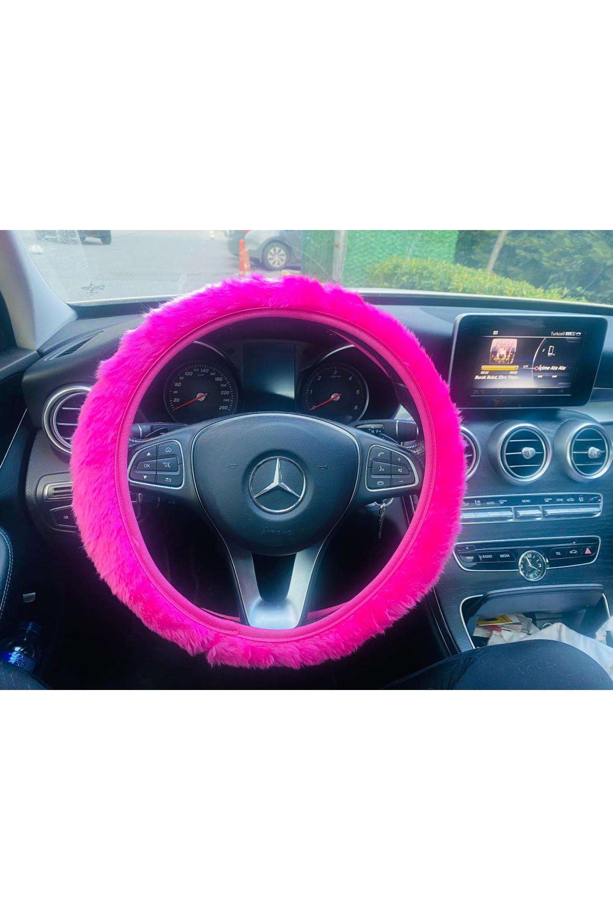 Fuşya pembe Peluş Her marka araca uygun direksiyon kılıfı