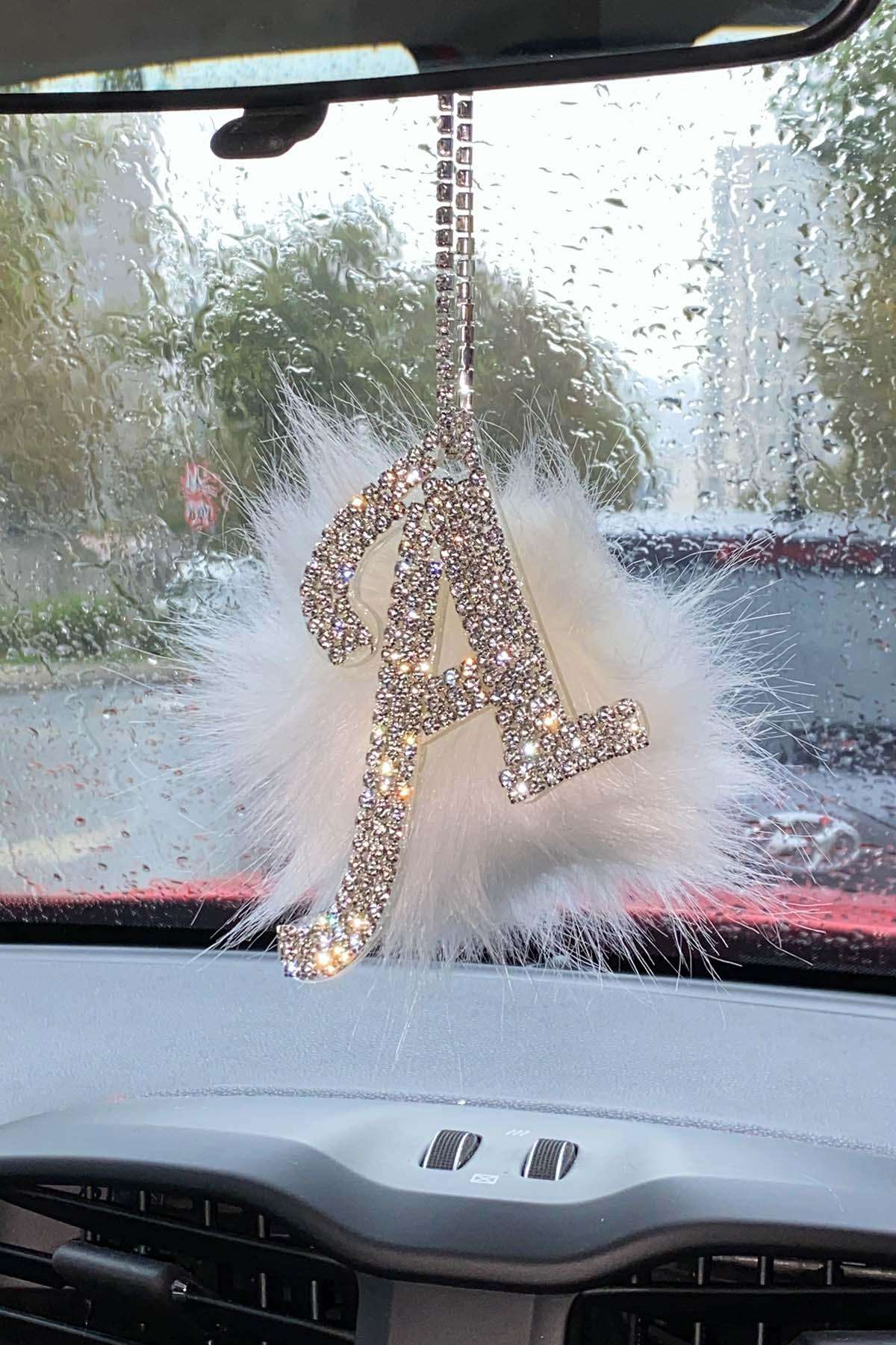 Swarovski Gümüş Taşlı Dikiz Ayna Kolye Süsü Beyaz Tüylü a Harfi