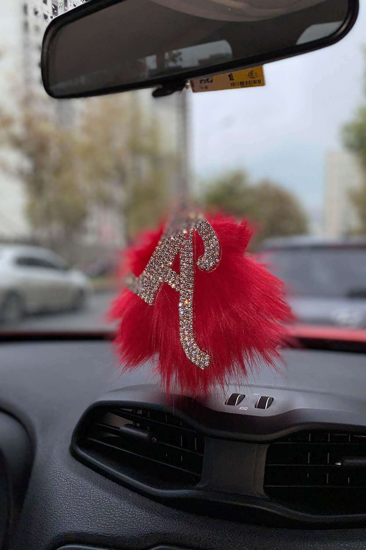 Swarovski Gümüş Taşlı Dikiz Ayna Kolye Süsü Kırmızı Tüylü a Harfi