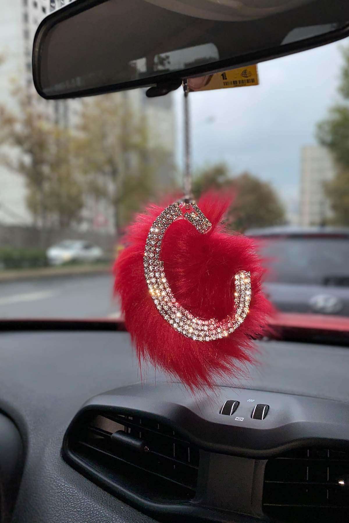 Swarovski Gümüş Taşlı Dikiz Ayna Kolye Süsü Kırmızı Tüylü C Harfi