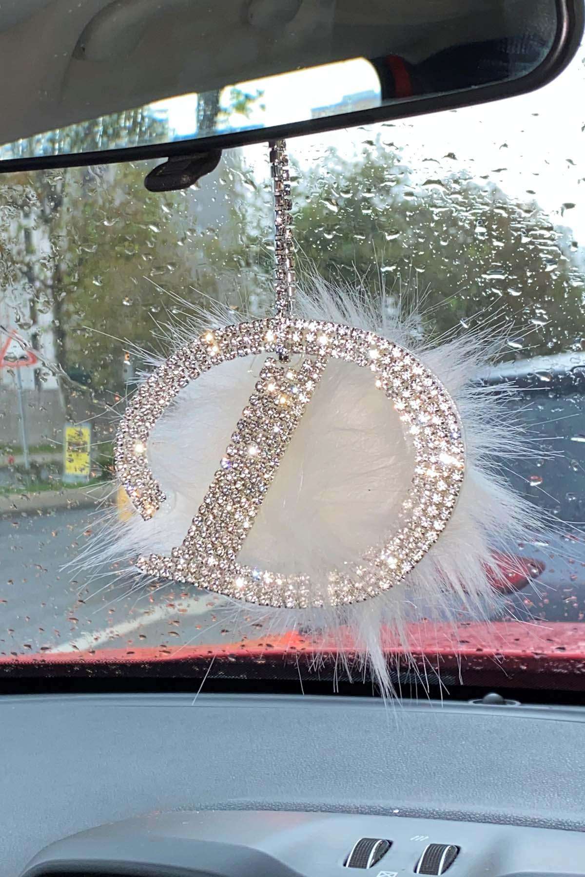 Swarovski Gümüş Taşlı Dikiz Ayna Kolye Süsü Beyaz Tüylü D Harfi