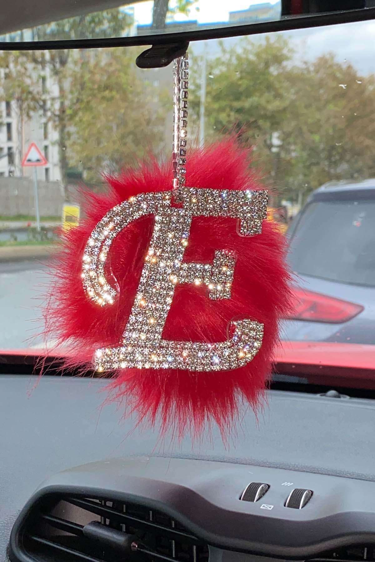 Swarovski Gümüş Taşlı Dikiz Ayna Kolye Süsü Kırmızı Tüylü E Harfi