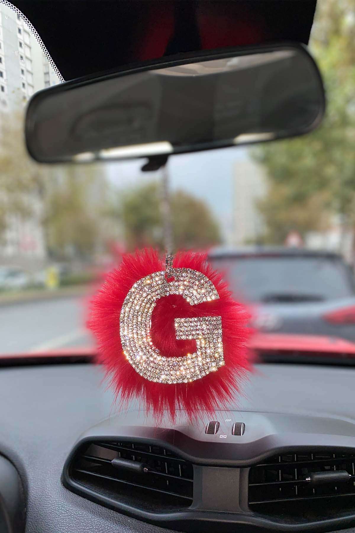 Swarovski Gümüş Taşlı Dikiz Ayna Kolye Süsü Kırmızı Tüylü G Harfi