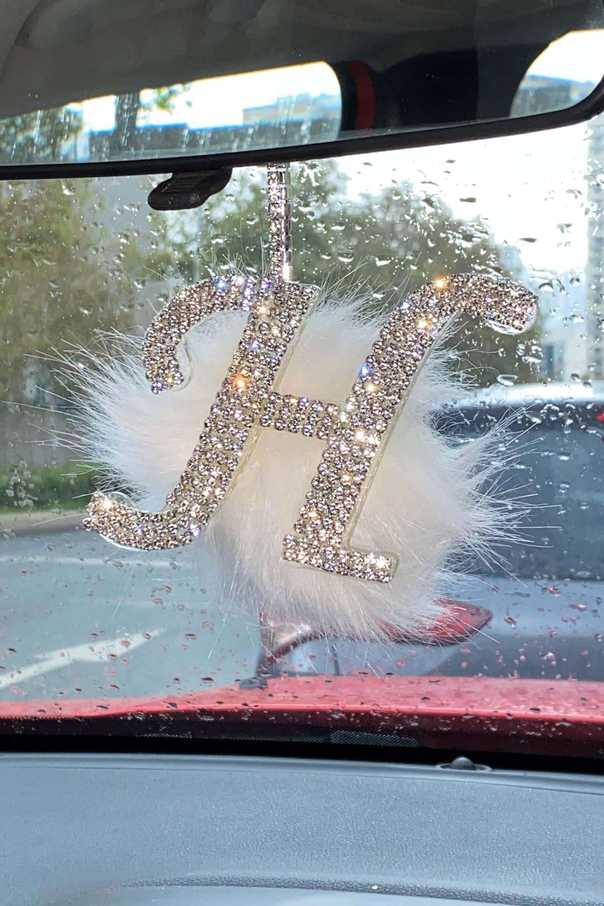 Swarovski Gümüş Taşlı Dikiz Ayna Kolye Süsü Beyaz Tüylü H Harfi