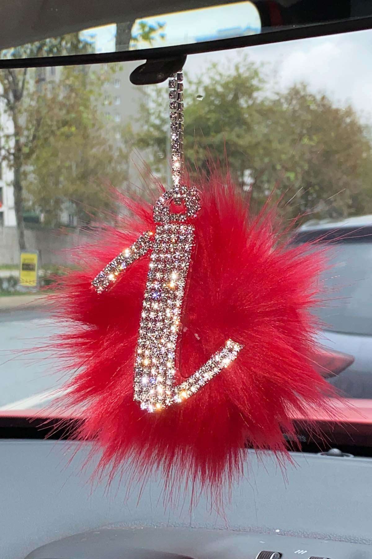 Swarovski Gümüş Taşlı Dikiz Ayna Kolye Süsü Kırmızı Tüylü I Harfi