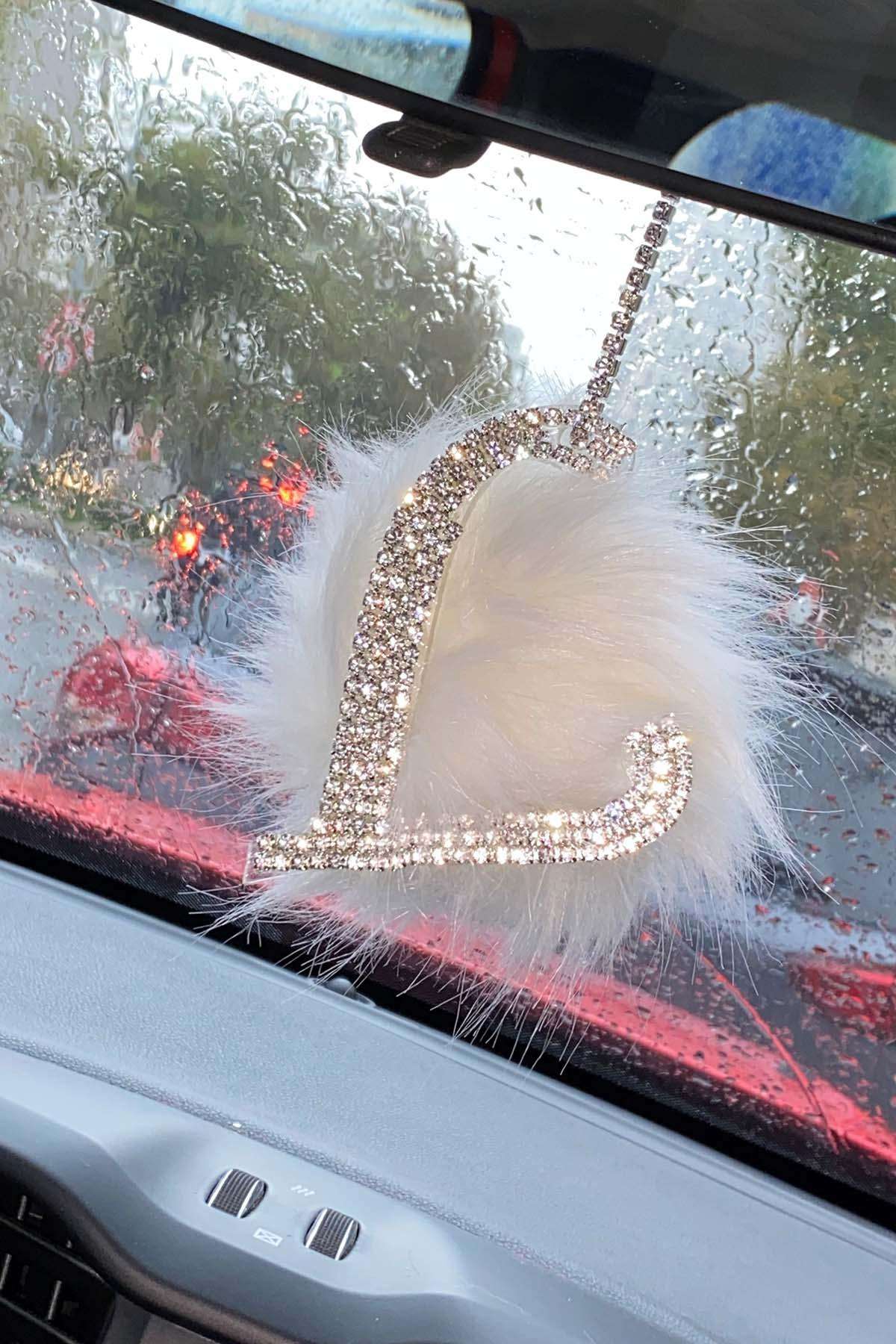 Swarovski Gümüş Taşlı Dikiz Ayna Kolye Süsü Beyaz Tüylü L Harfi