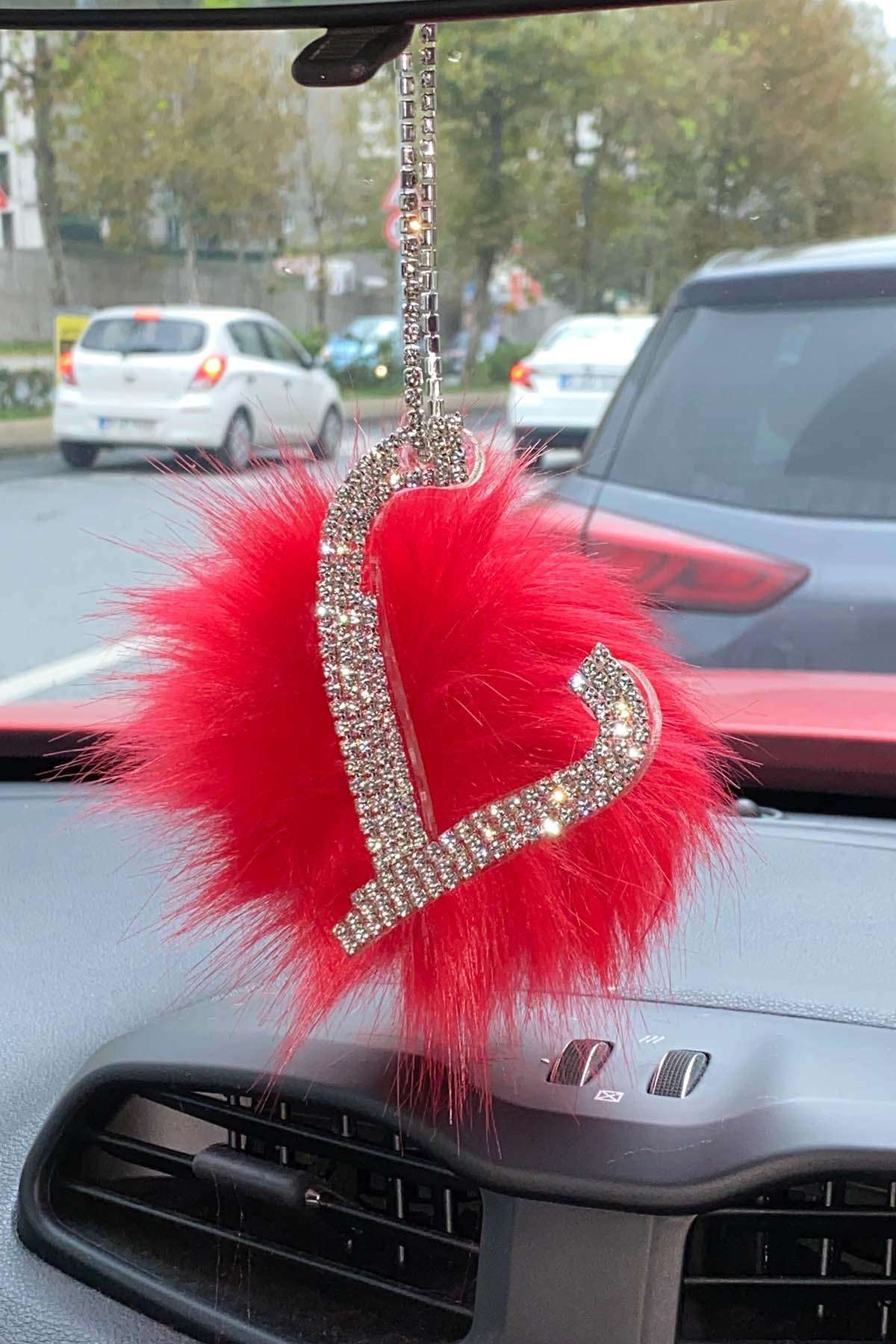 Swarovski Gümüş Taşlı Dikiz Ayna Kolye Süsü Kırmızı Tüylü L Harfi