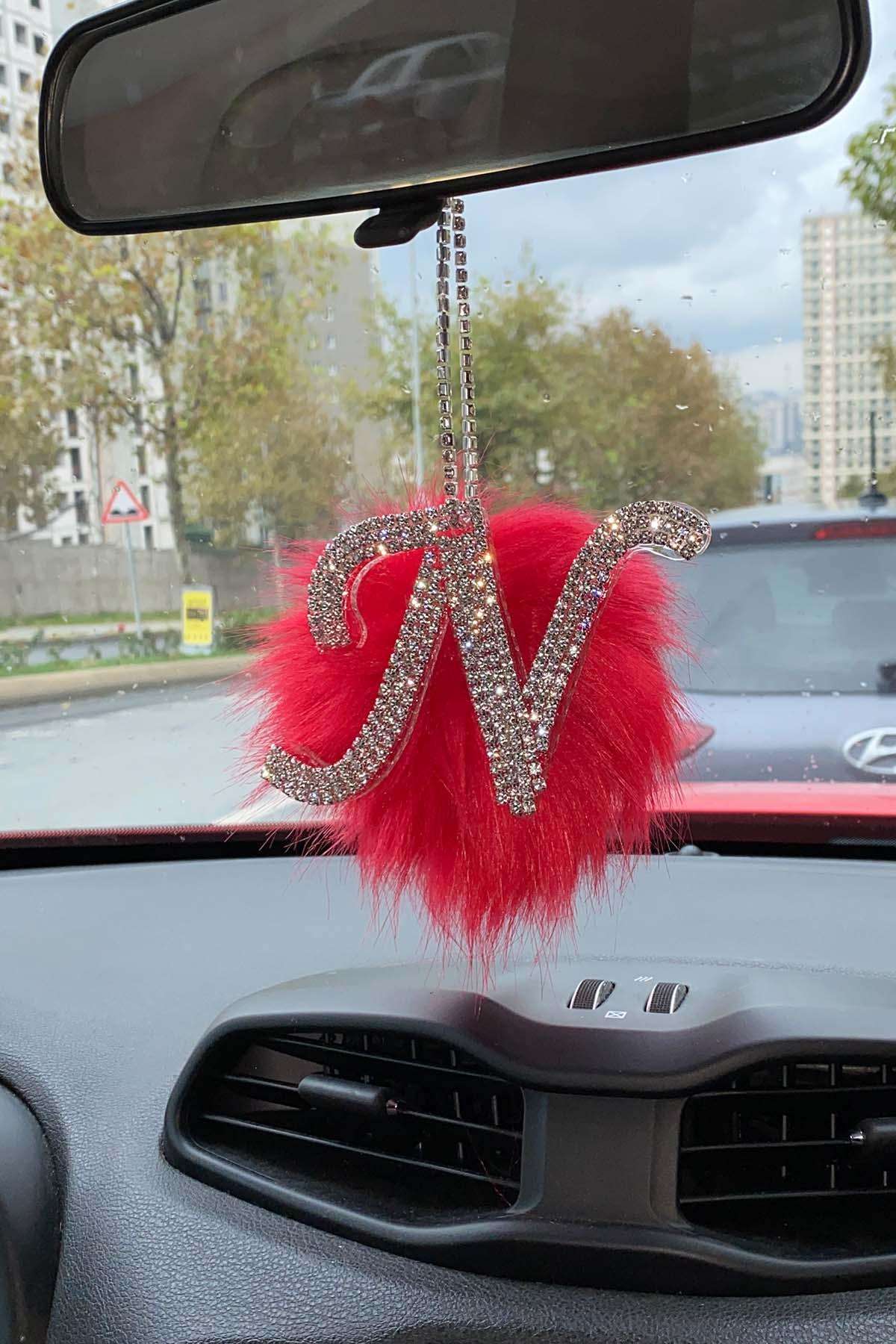 Swarovski Gümüş Taşlı Dikiz Ayna Kolye Süsü Kırmızı Tüylü N Harfi