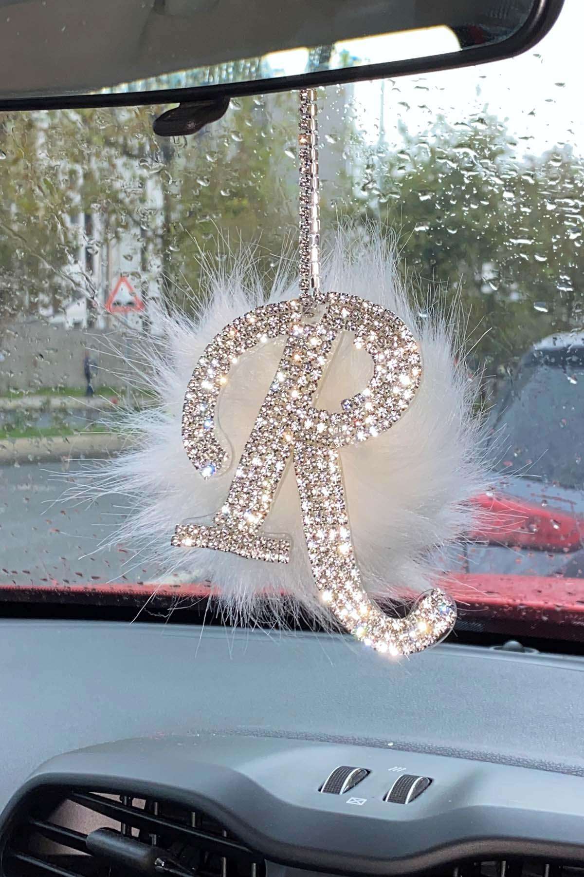Swarovski Gümüş Taşlı Dikiz Ayna Kolye Süsü Beyaz Tüylü R Harfi