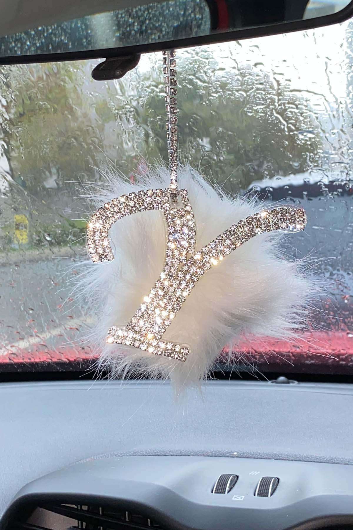 Swarovski Gümüş Taşlı Dikiz Ayna Kolye Süsü Beyaz Tüylü Y Harfi