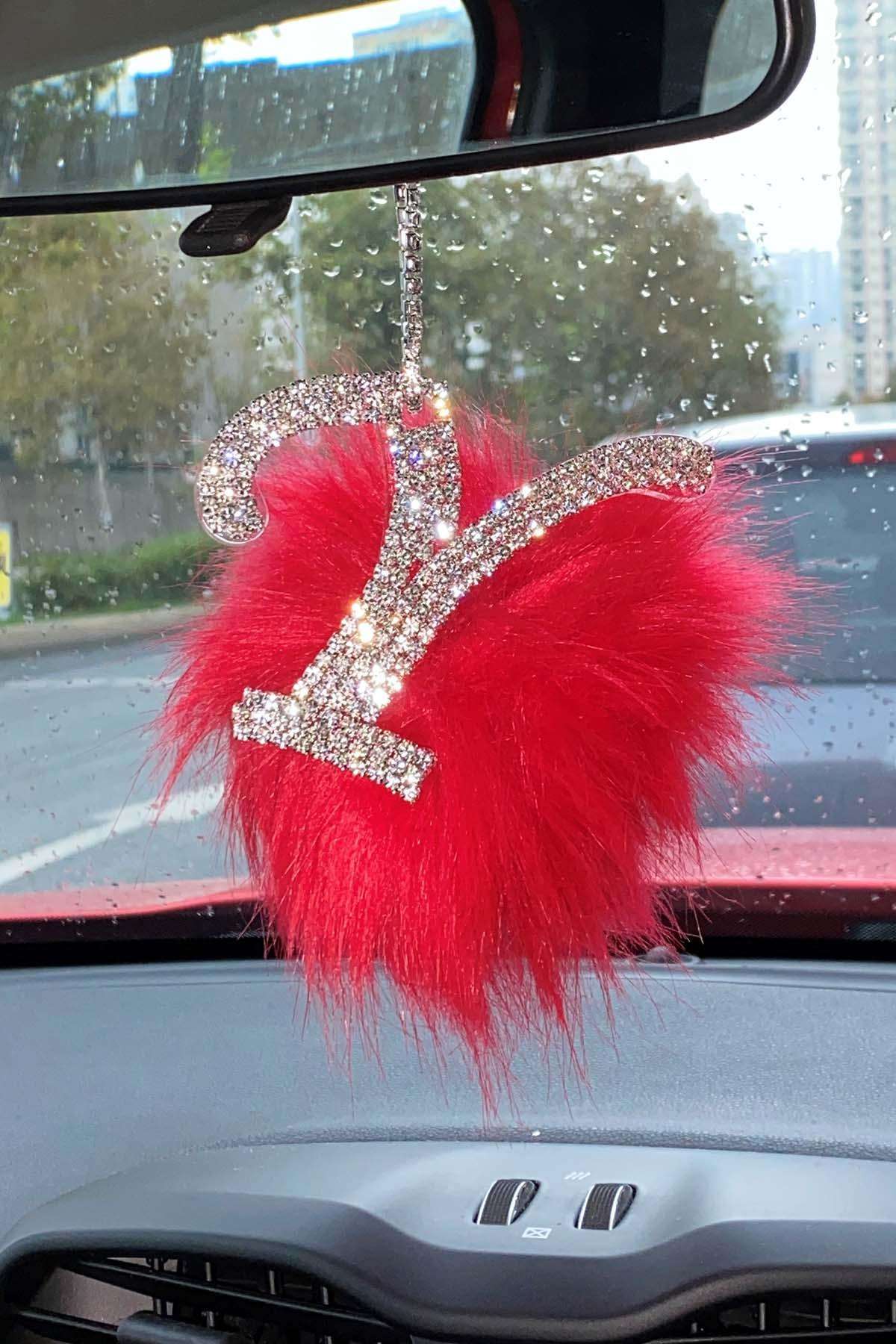 Swarovski Gümüş Taşlı Dikiz Ayna Kolye Süsü Kırmızı Tüylü Y Harfi