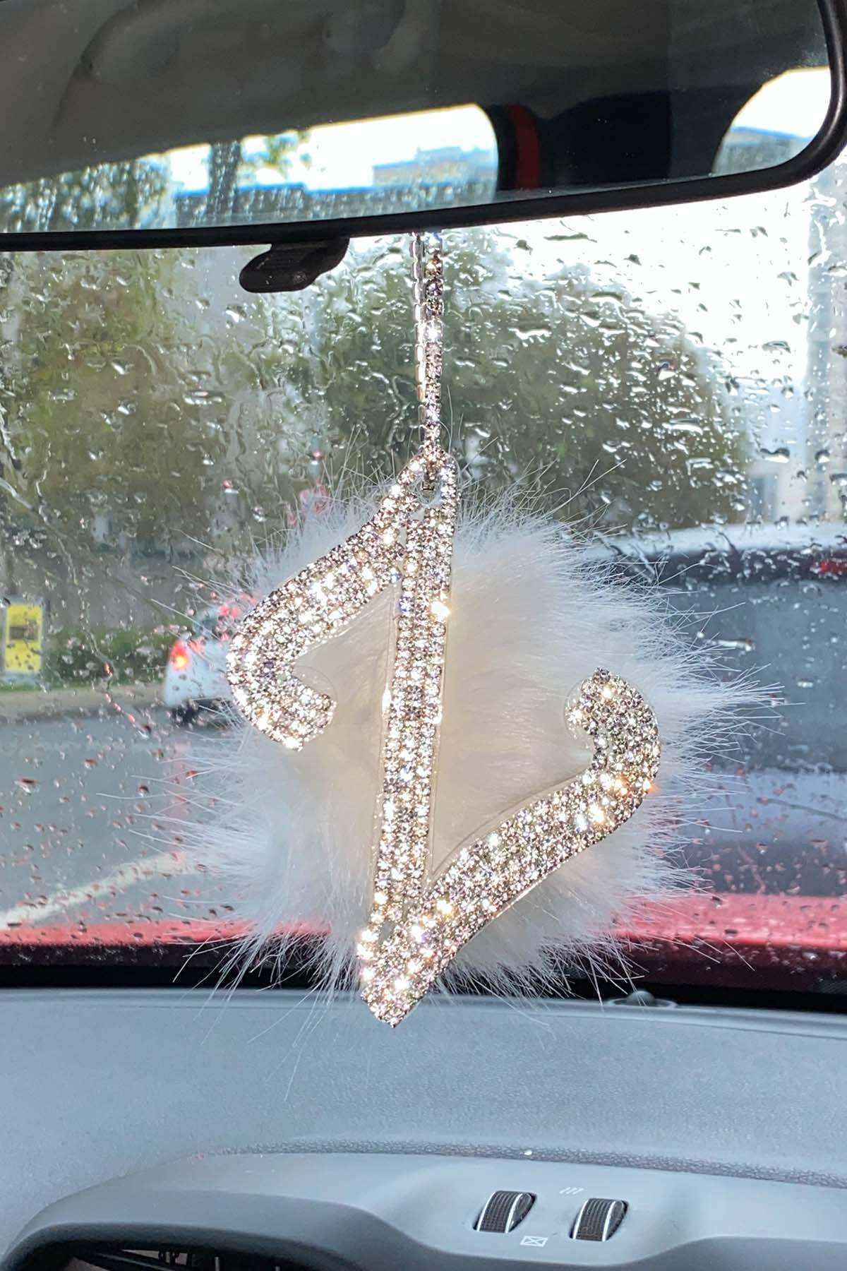 Swarovski Gümüş Taşlı Dikiz Ayna Kolye Süsü Beyaz Tüylü Z Harfi