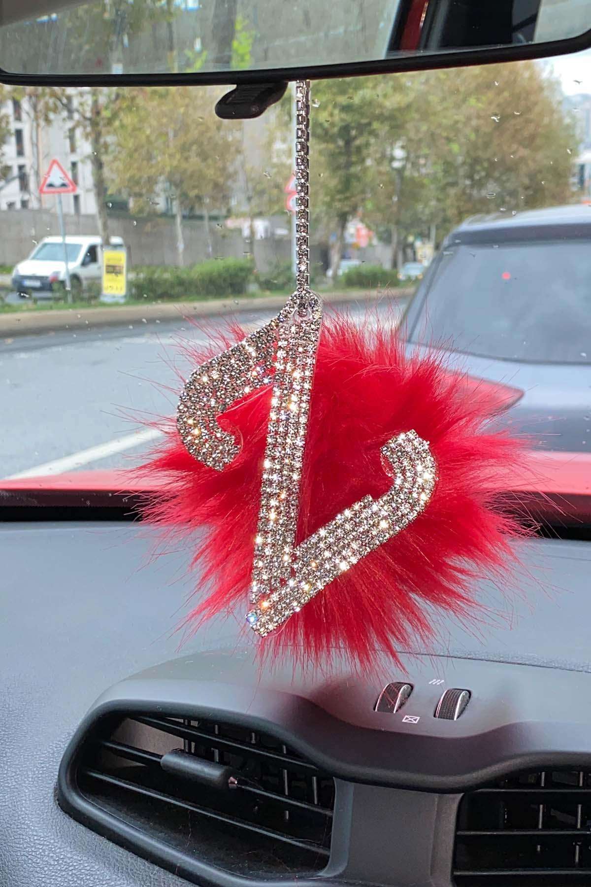 Swarovski Gümüş Taşlı Dikiz Ayna Kolye Süsü Kırmızı Tüylü Z Harfi
