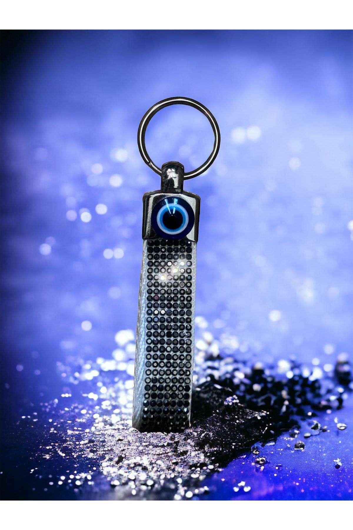 Hediyelik füme swarovski taşlı nazarlıklı şerit anahtarlık