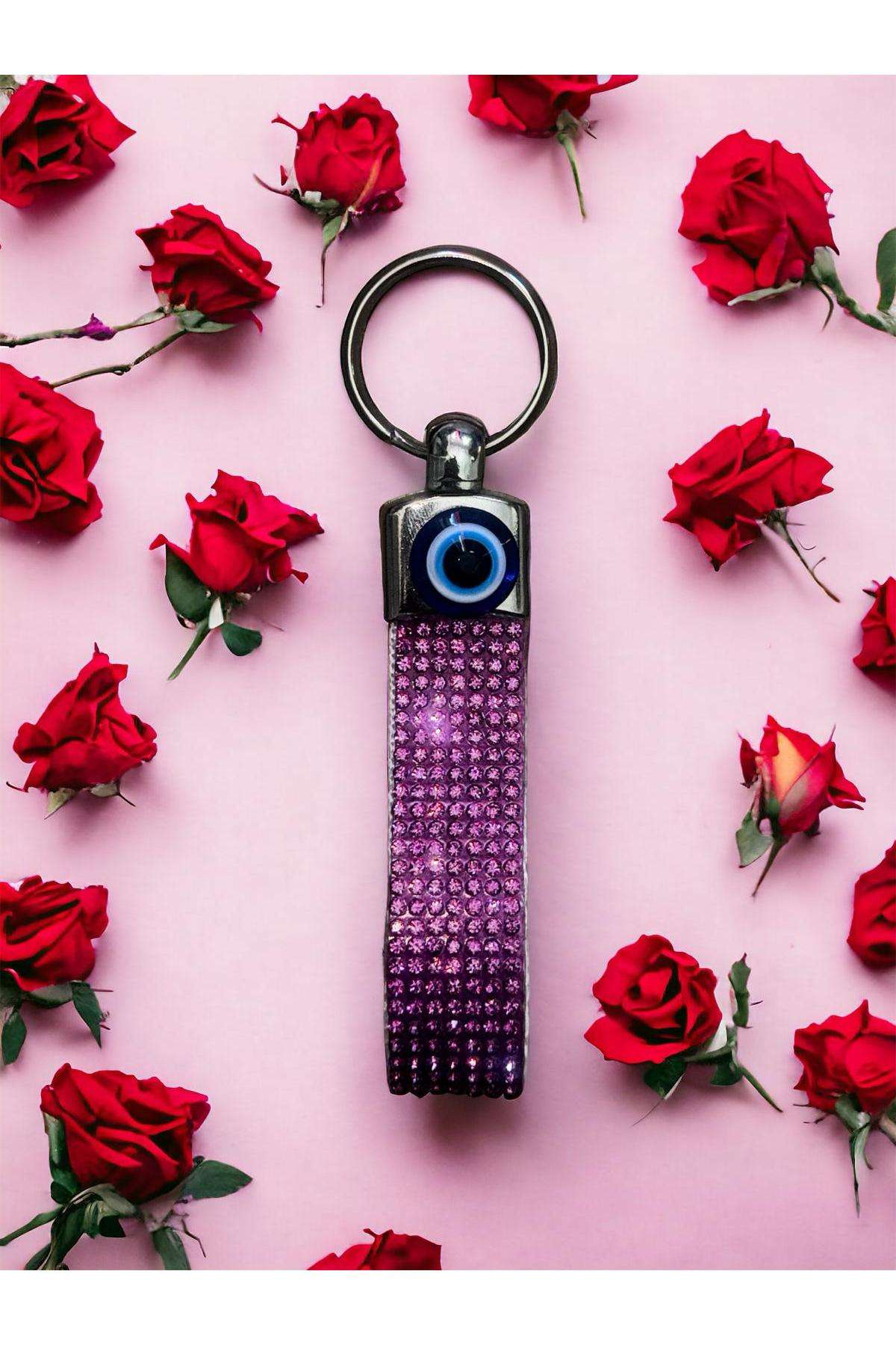 Hediyelik pembe swarovski taşlı nazarlıklı şerit anahtarlık