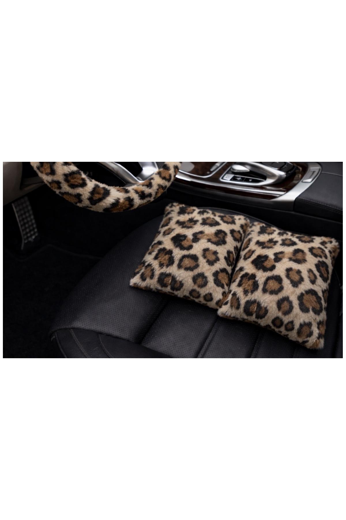 Leopar desen peluş araç içi koltuk başı yastık minder