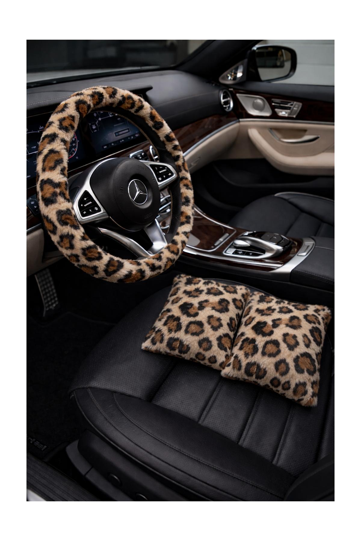 Leopar peluş Direksiyon kılıfı ve 2 Yastık minder