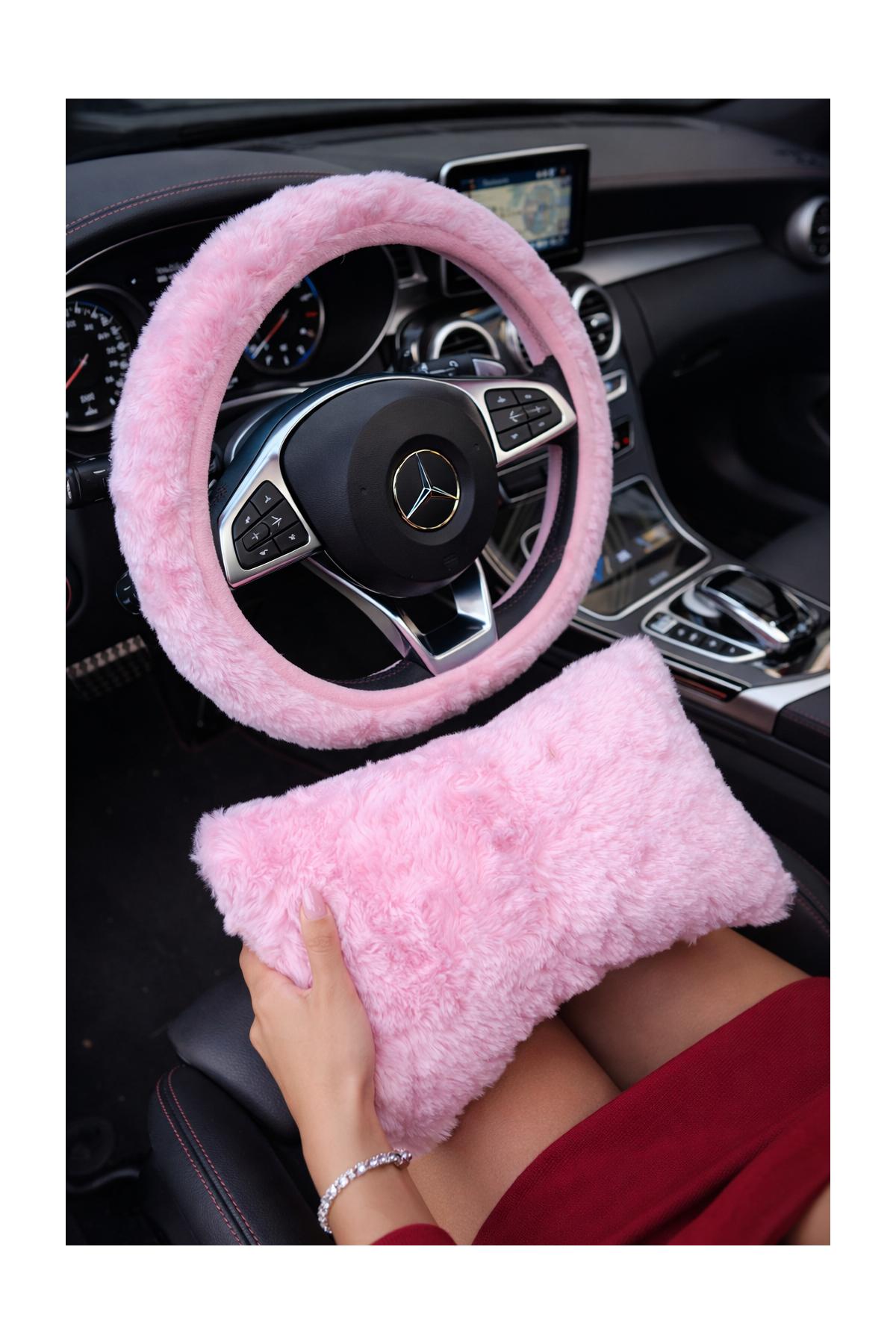 Pembe peluş direksiyon seti 1 adet yastık ve 1 adet direksiyon
