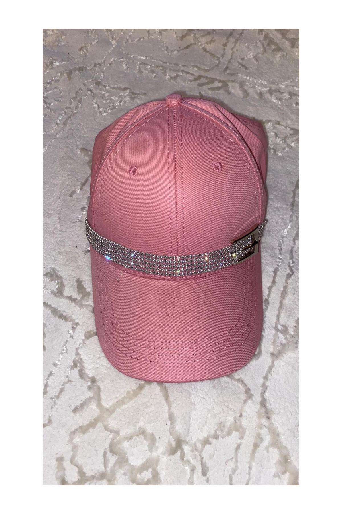 Pembe Swarovski Taşlı Kemer Tokalı Bayan Güneş Şapkası