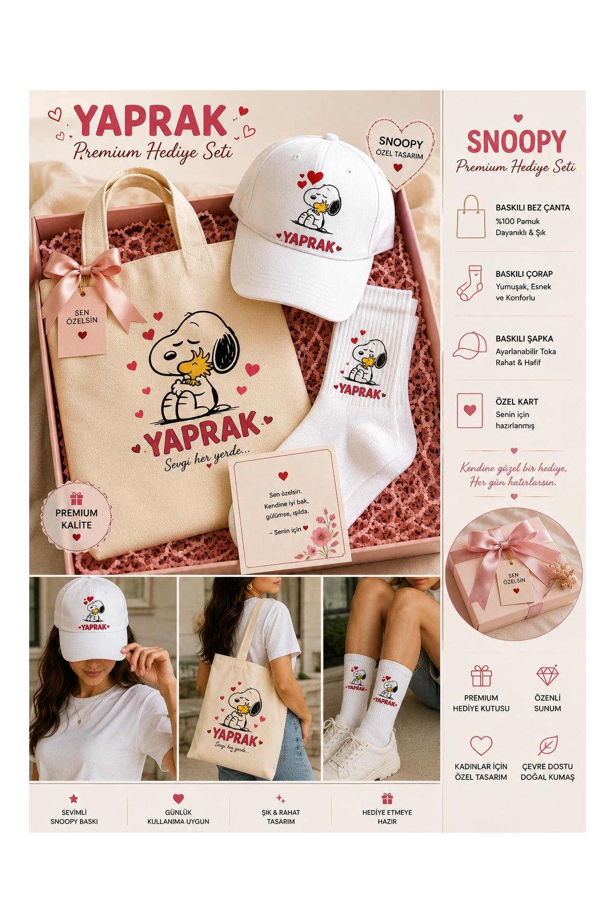 Premium İSİMLİ hediye seti SOOPY baskılı bez çanta şapka ve çorap seti (ismi mesaj atın)