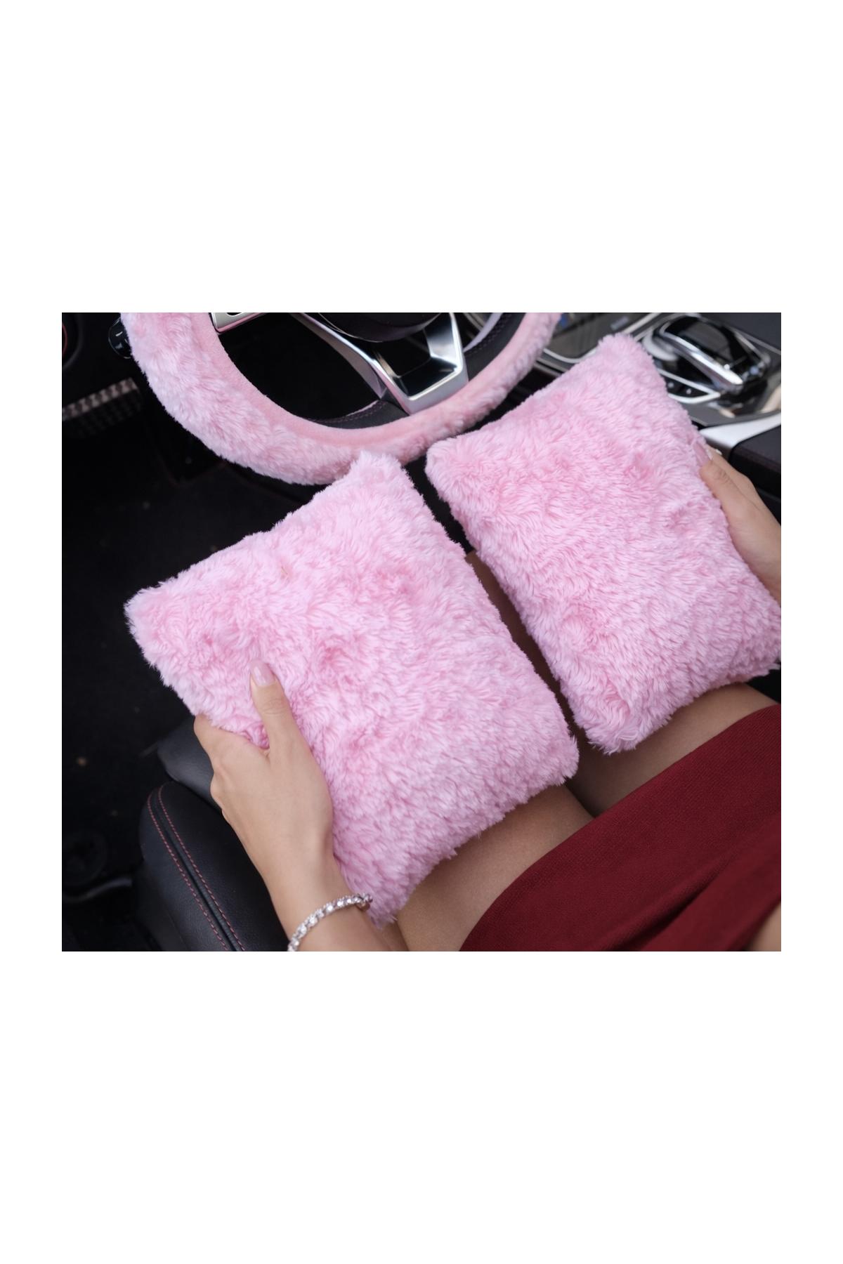Şeker pembe peluş araç içi koltuk başı yastık minder