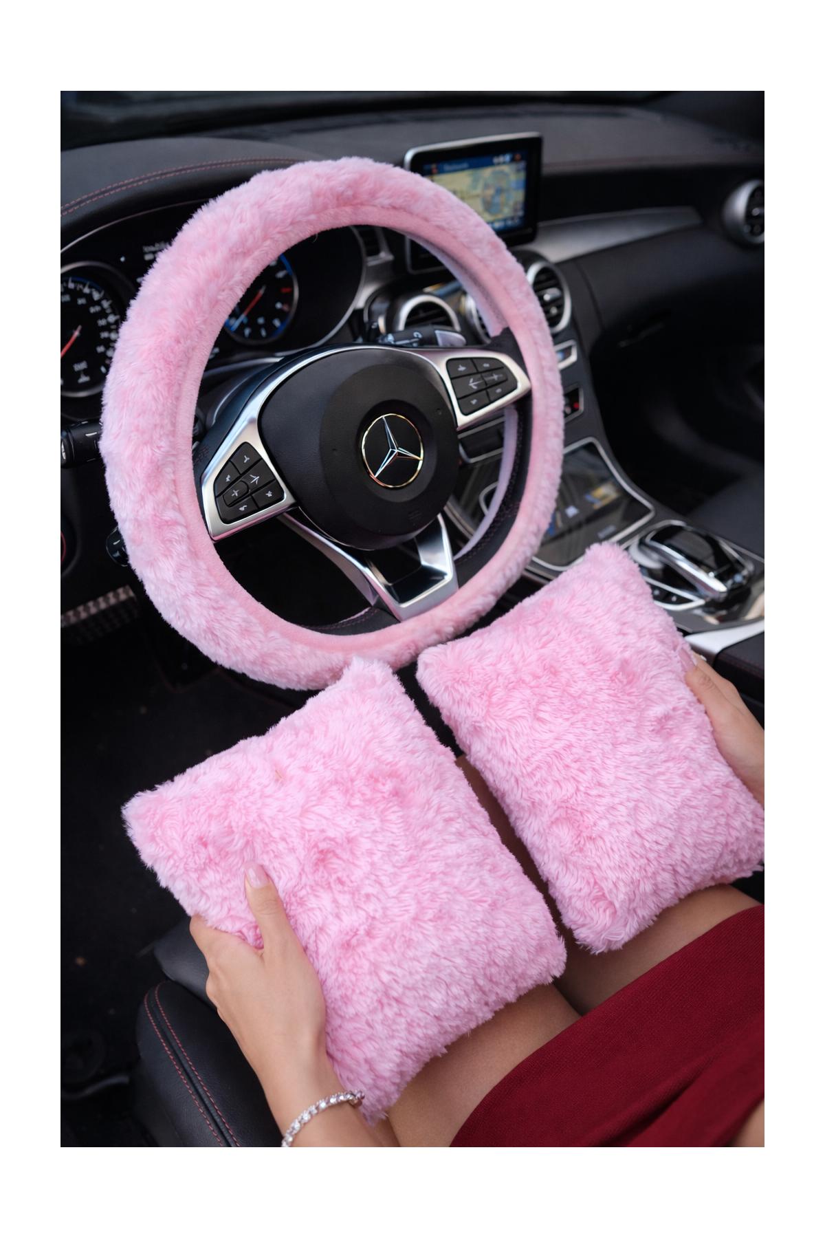 Şeker pembe peluş direksiyon kılıfı ve 2 yastıklı set