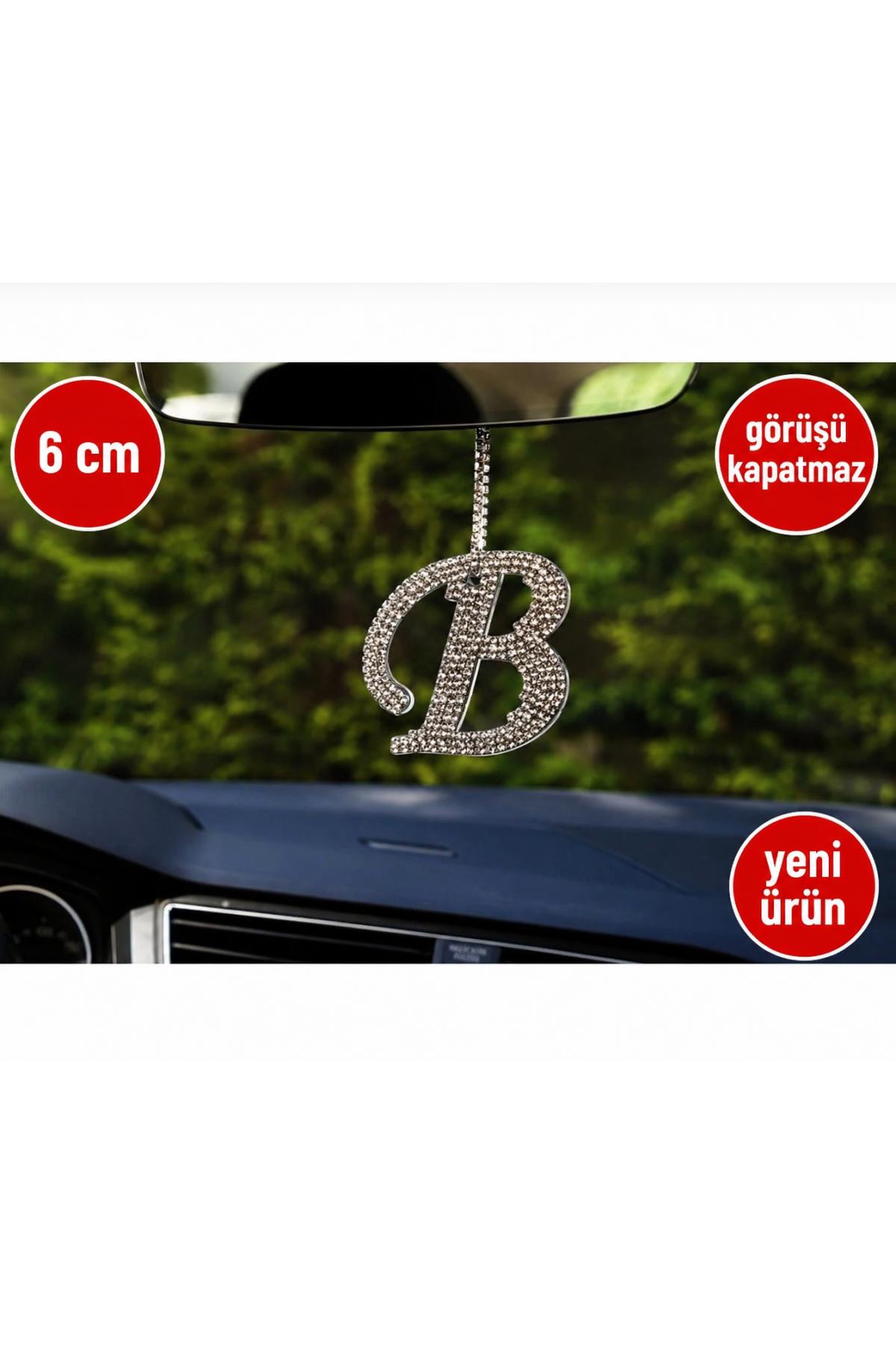 Görüş engellemeyen 6 cm Gümüş Taşlı Dikiz Ayna Kolye Süsü B Harfi