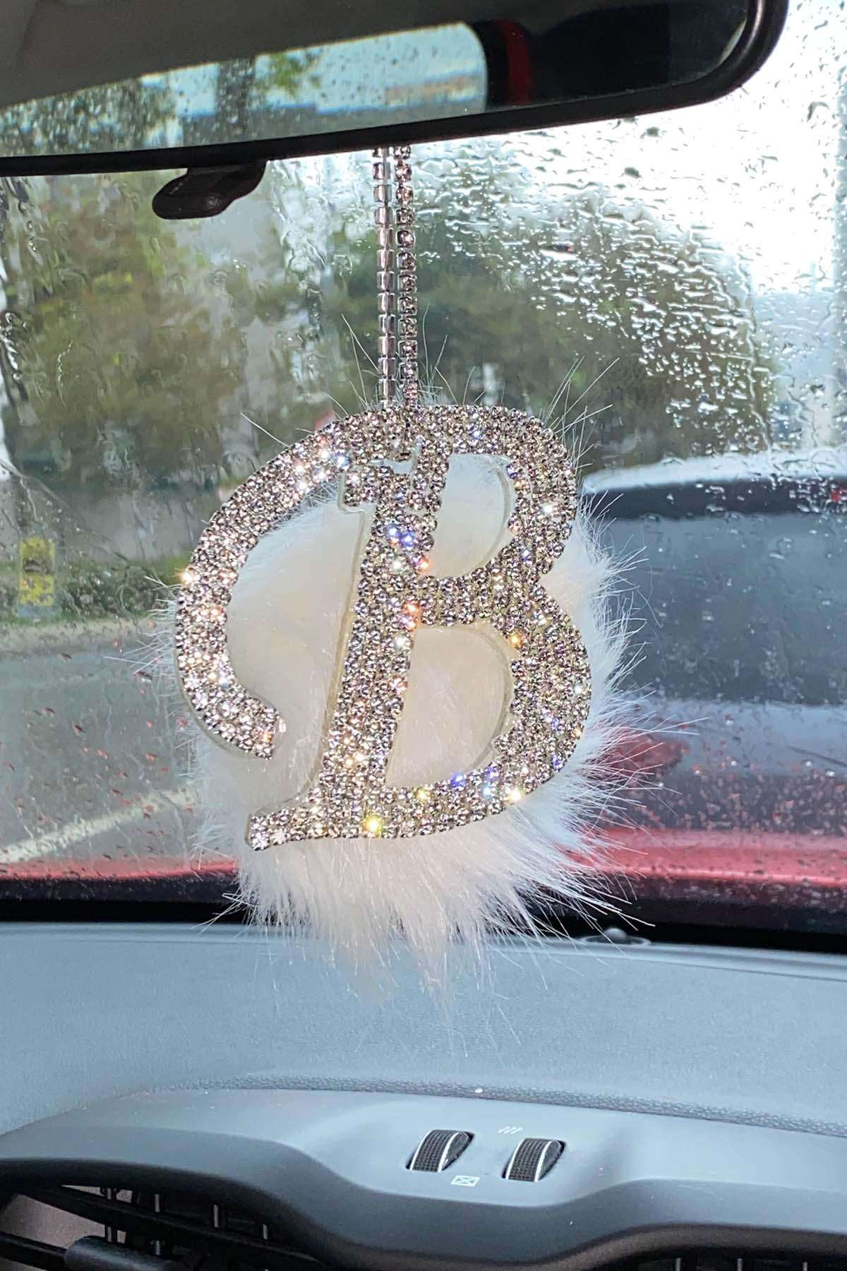 Swarovski Gümüş Taşlı Dikiz Ayna Kolye Süsü Beyaz Tüylü B Harfi