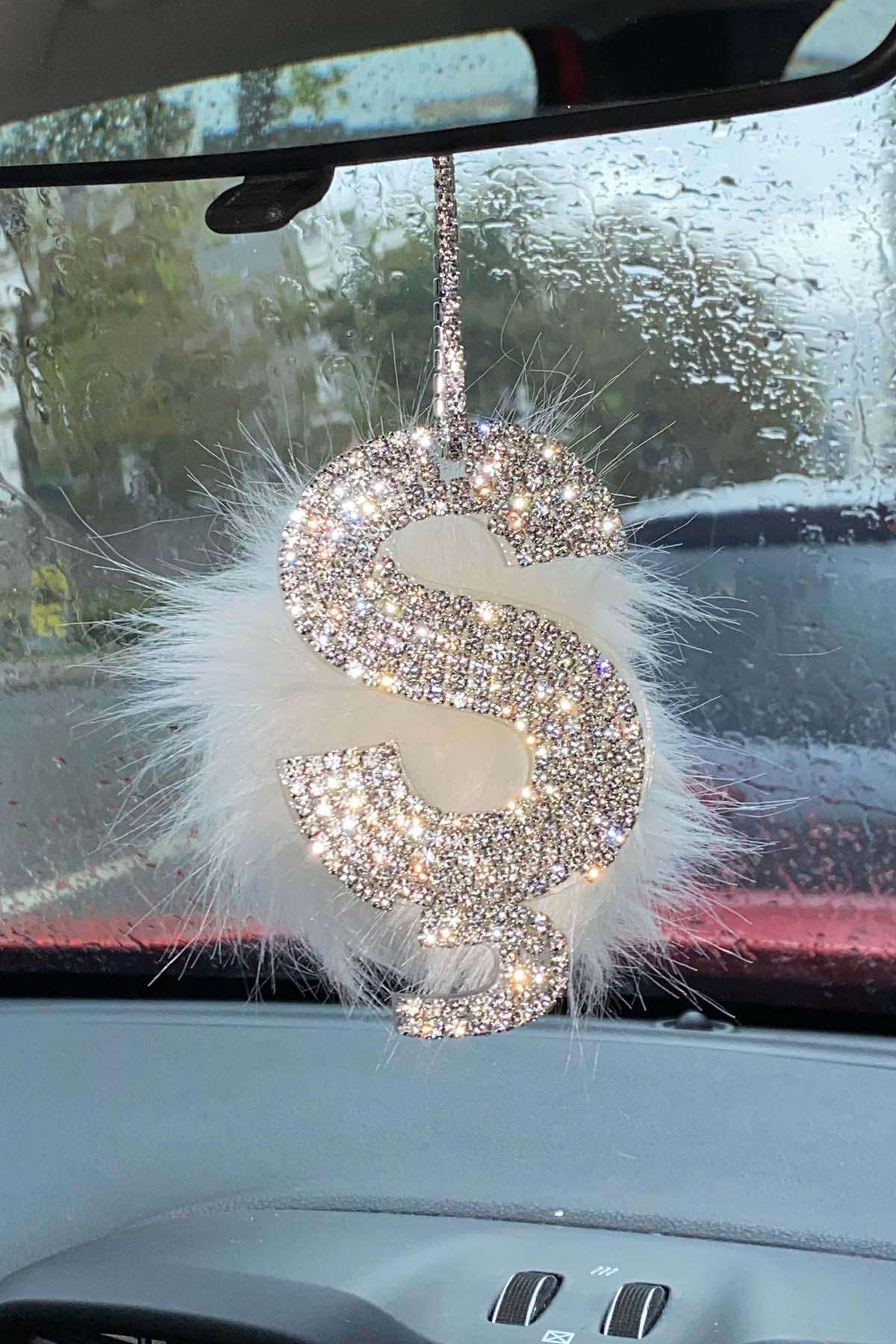 Swarovski Gümüş Taşlı Dikiz Ayna Kolye Süsü Beyaz Tüylü Ş Harfi