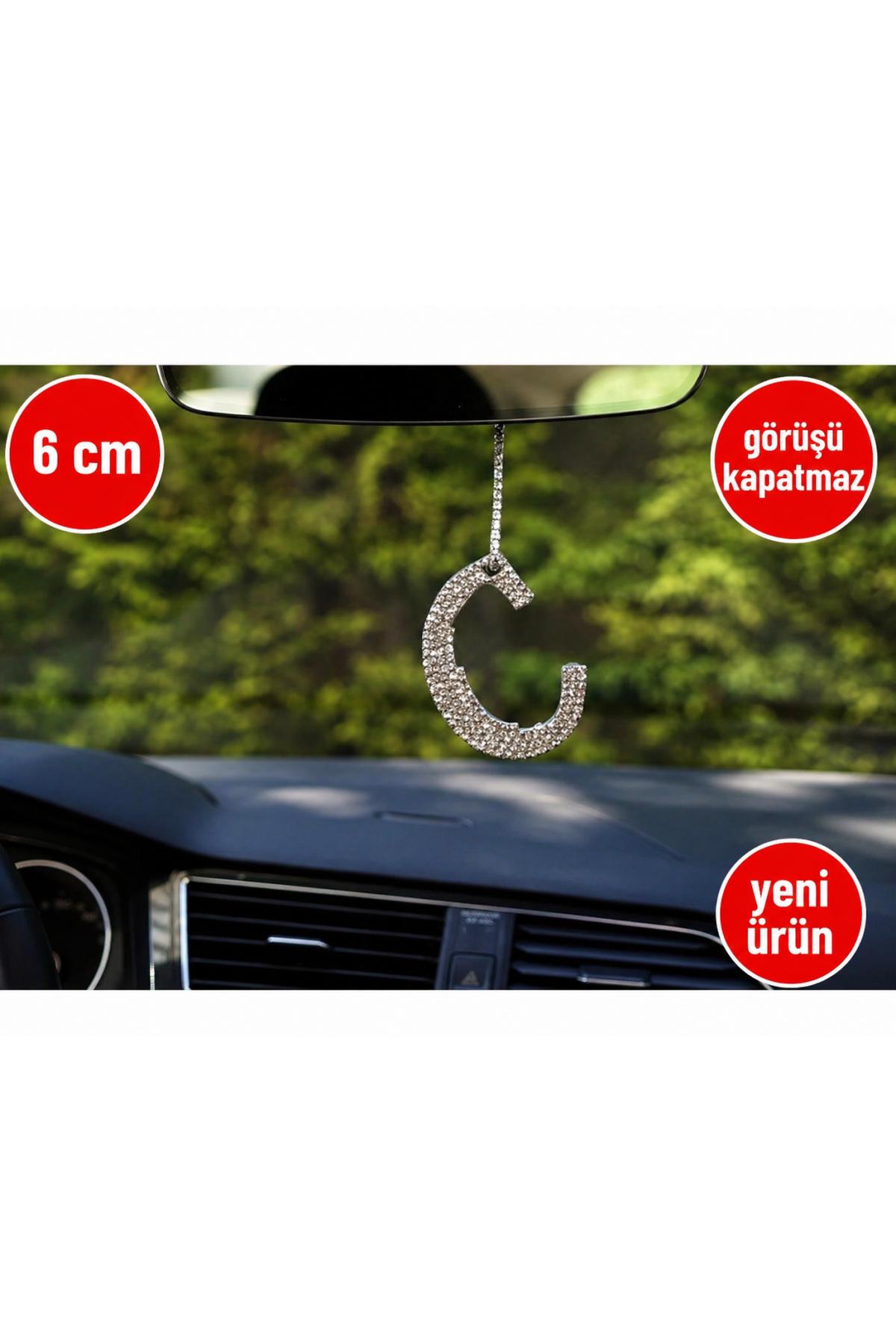 Görüş engellemeyen 6 cm Gümüş Taşlı Dikiz Ayna Kolye Süsü C Harfi