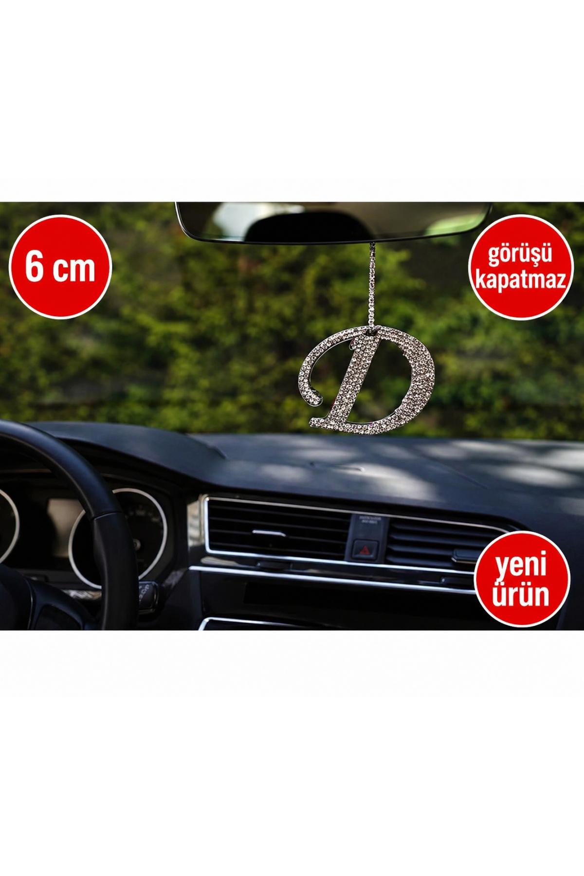 Görüş engellemeyen 6 cm Gümüş Taşlı Dikiz Ayna Kolye Süsü D Harfi