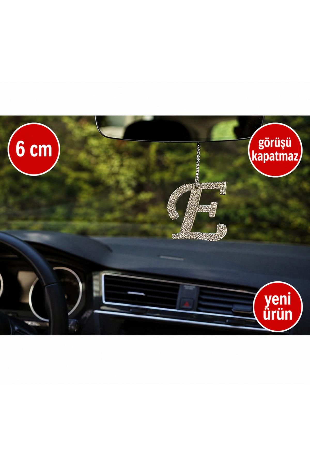 Görüş engellemeyen 6 cm Gümüş Taşlı Dikiz Ayna Kolye Süsü E Harfi