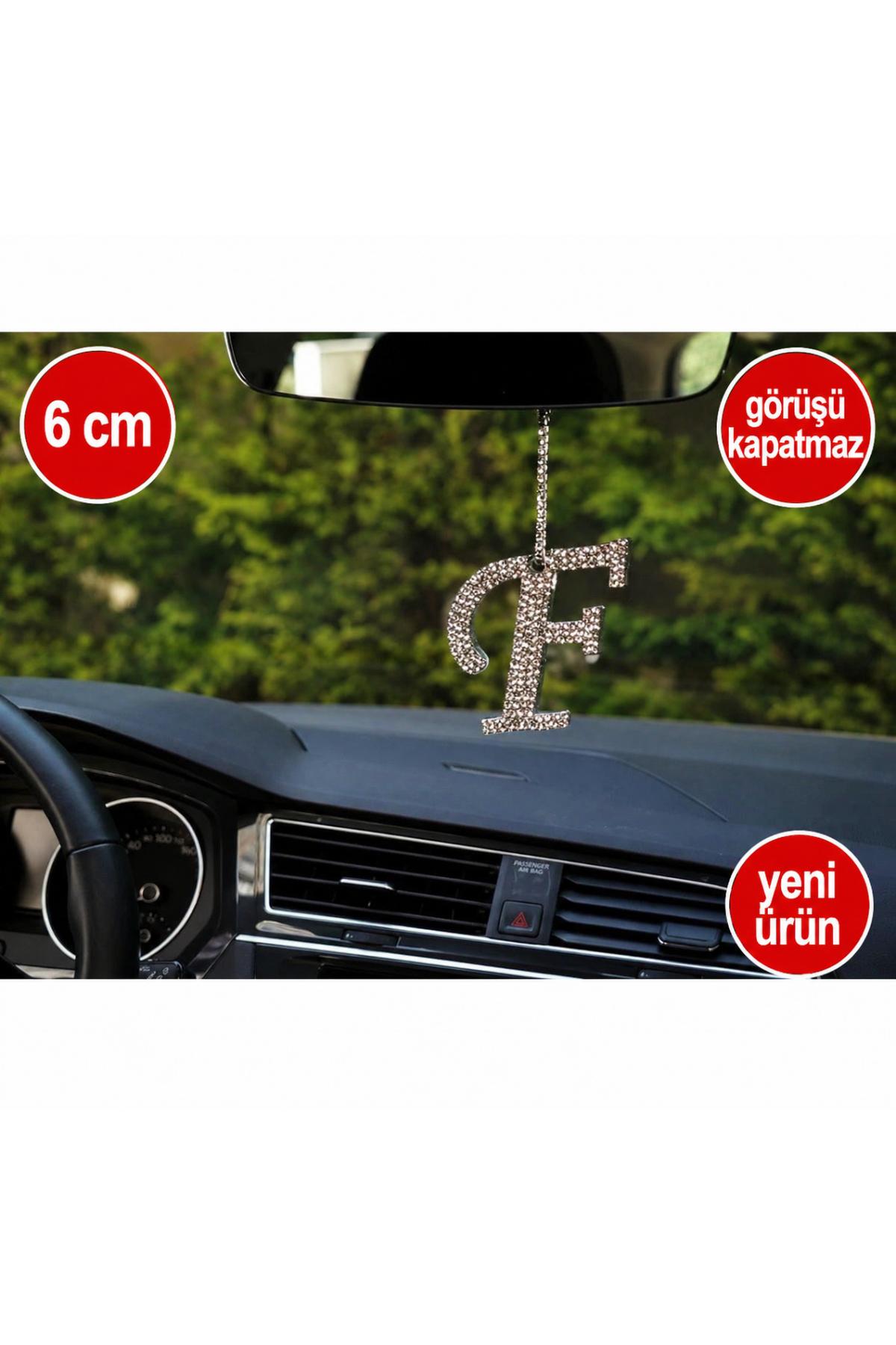 Görüş engellemeyen 6 cm Gümüş Taşlı Dikiz Ayna Kolye Süsü F Harfi