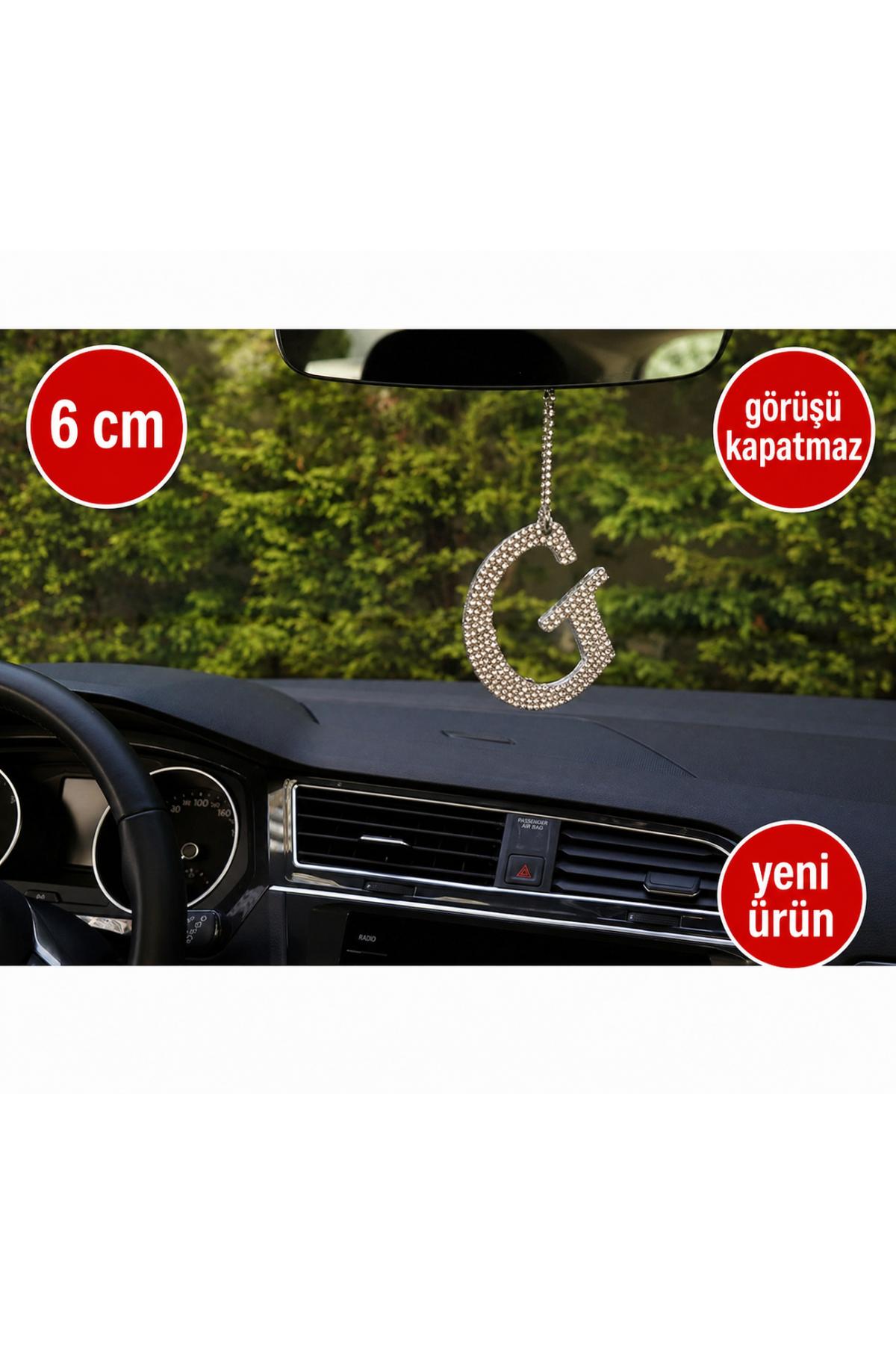 Görüş engellemeyen 6 cm Gümüş Taşlı Dikiz Ayna Kolye Süsü G Harfi