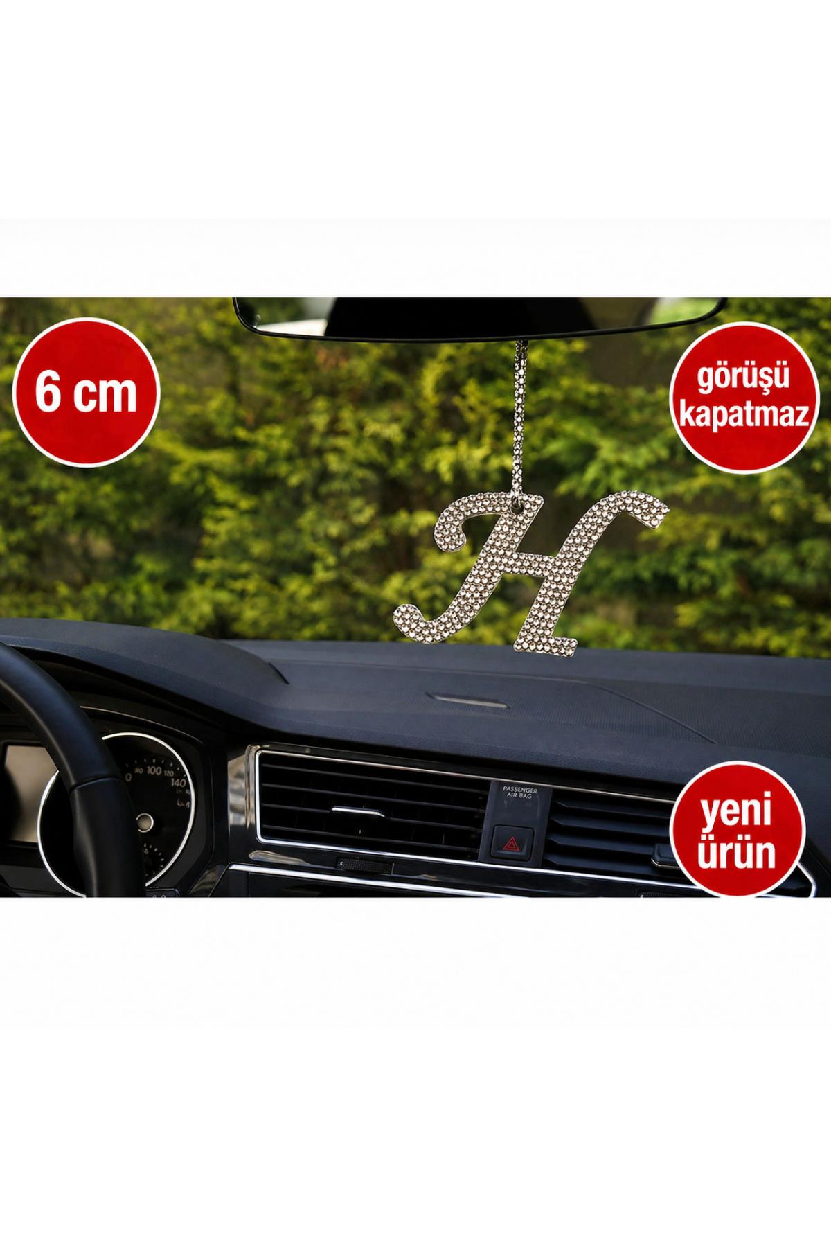 Görüş engellemeyen 6 cm Gümüş Taşlı Dikiz Ayna Kolye Süsü H Harfi