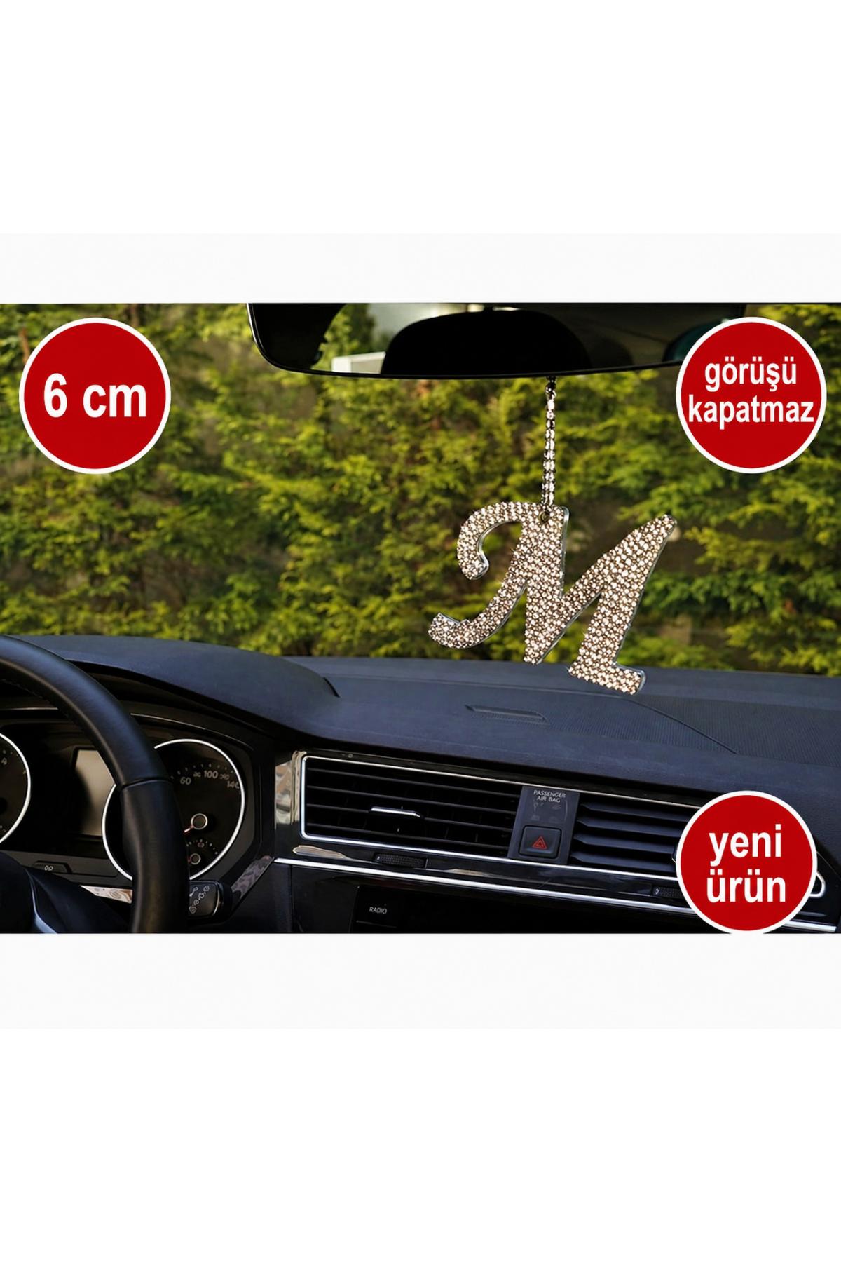 Görüş engellemeyen 6 cm Gümüş Taşlı Dikiz Ayna Kolye Süsü M Harfi