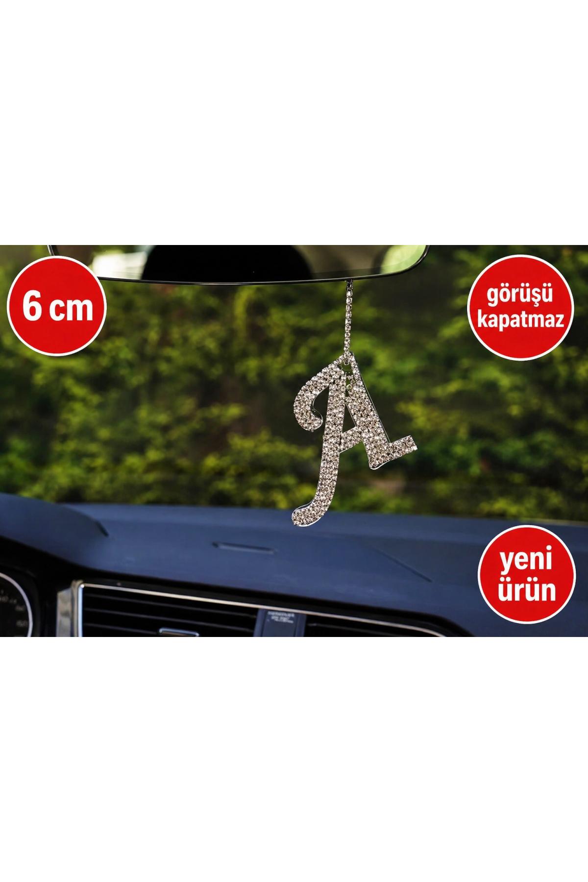 Görüş engellemeyen 6 cm Gümüş Taşlı Dikiz Ayna Kolye Süsü R Harfi