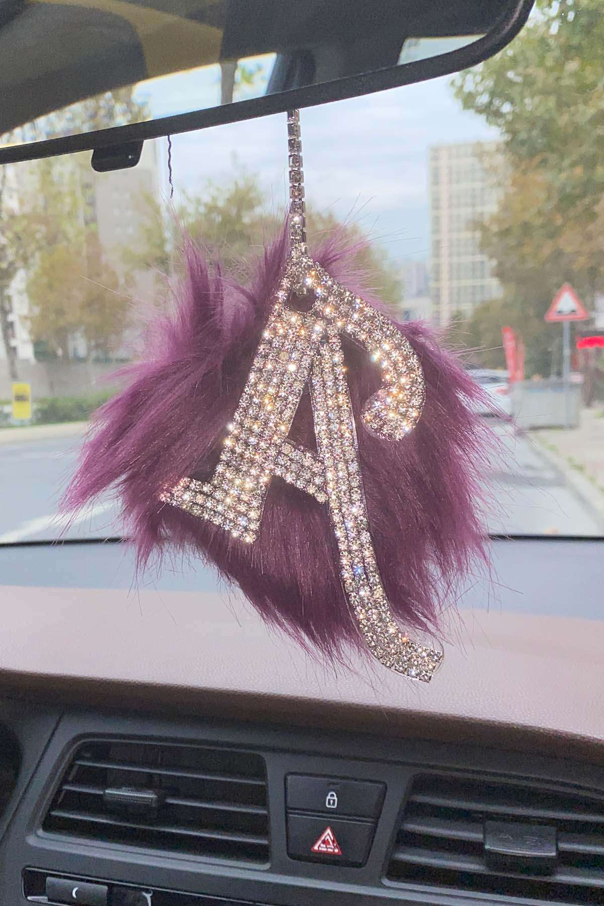 Swarovski Gümüş Taşlı Dikiz Ayna Kolye Süsü Mor Tüylü a Harfi