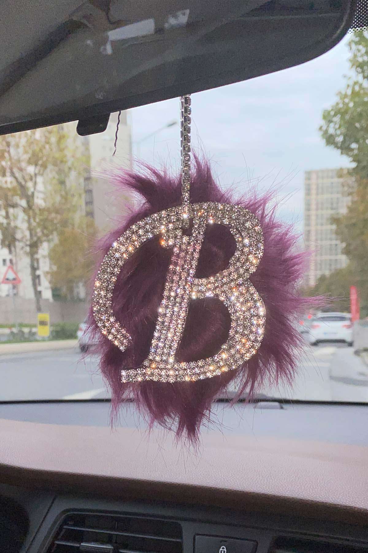 Swarovski Gümüş Taşlı Dikiz Ayna Kolye Süsü Mor Tüylü B Harfi