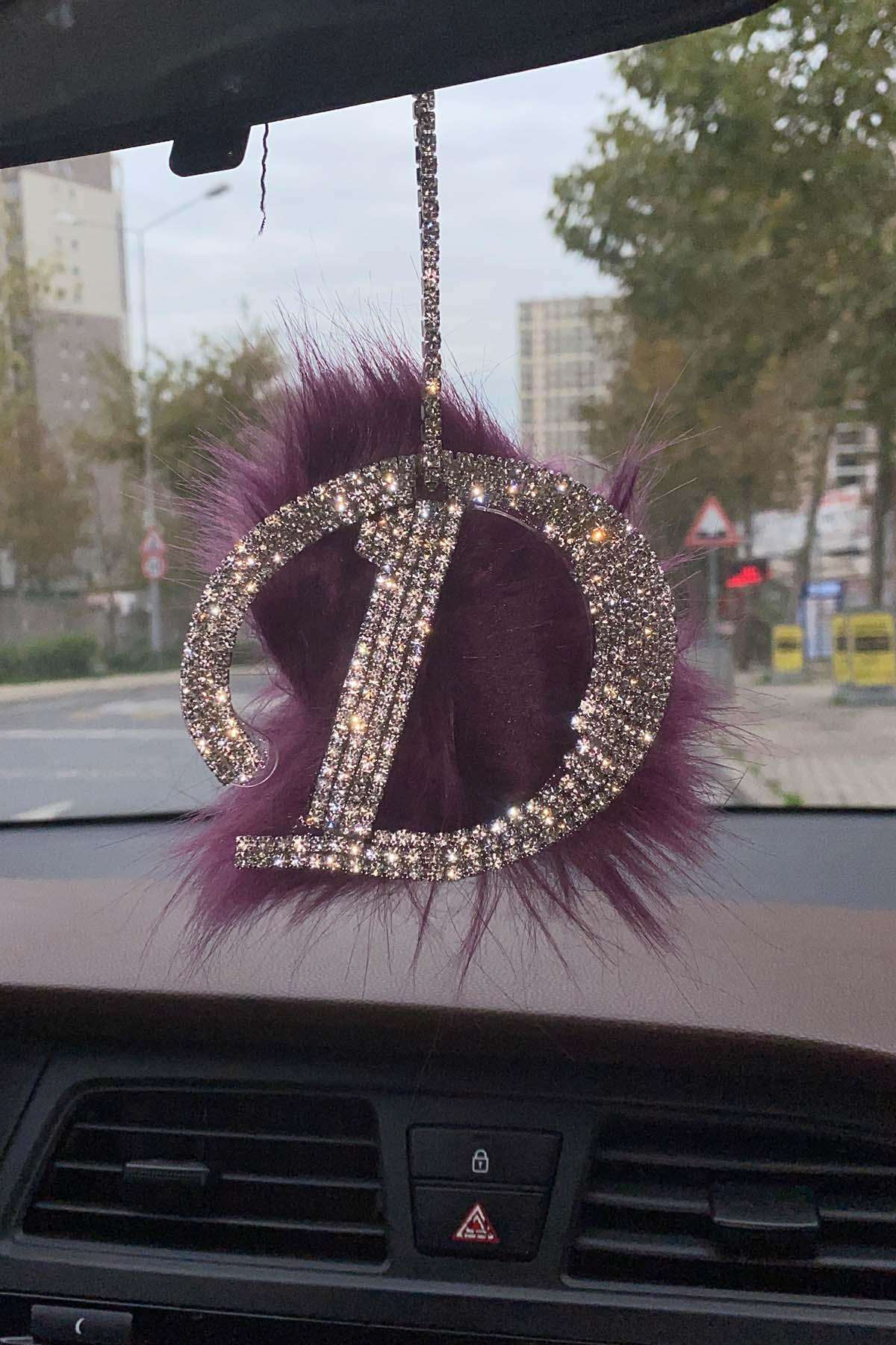 Swarovski Gümüş Taşlı Dikiz Ayna Kolye Süsü Mor Tüylü D Harfi