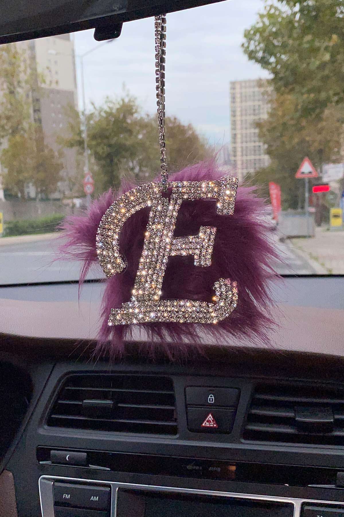 Swarovski Gümüş Taşlı Dikiz Ayna Kolye Süsü Mor Tüylü E Harfi