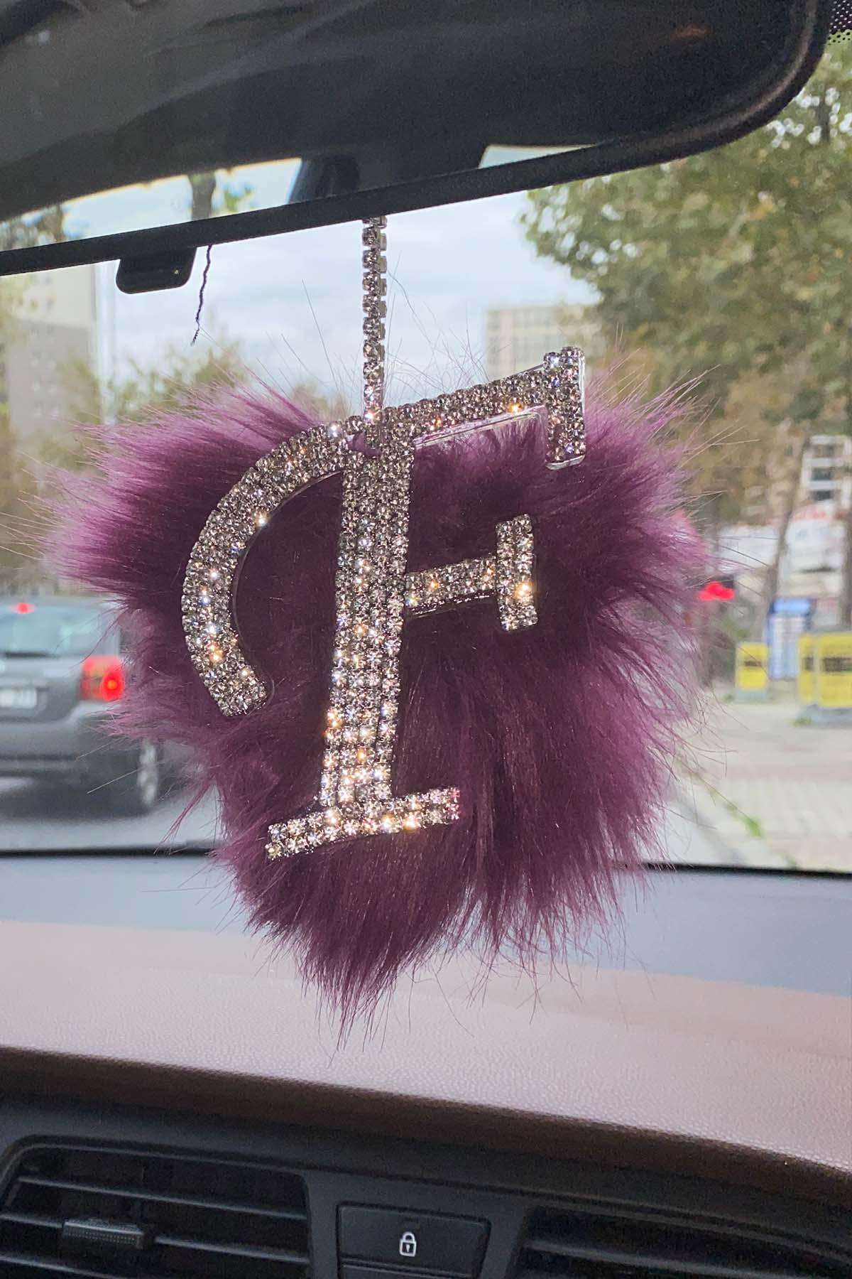 Swarovski Gümüş Taşlı Dikiz Ayna Kolye Süsü Mor Tüylü F Harfi