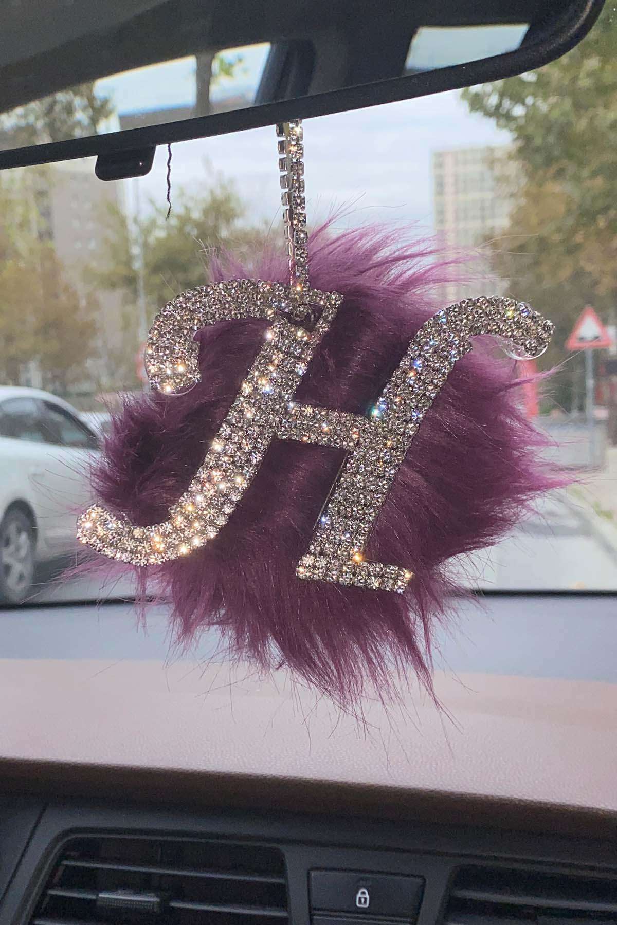 Swarovski Gümüş Taşlı Dikiz Ayna Kolye Süsü Mor Tüylü H Harfi