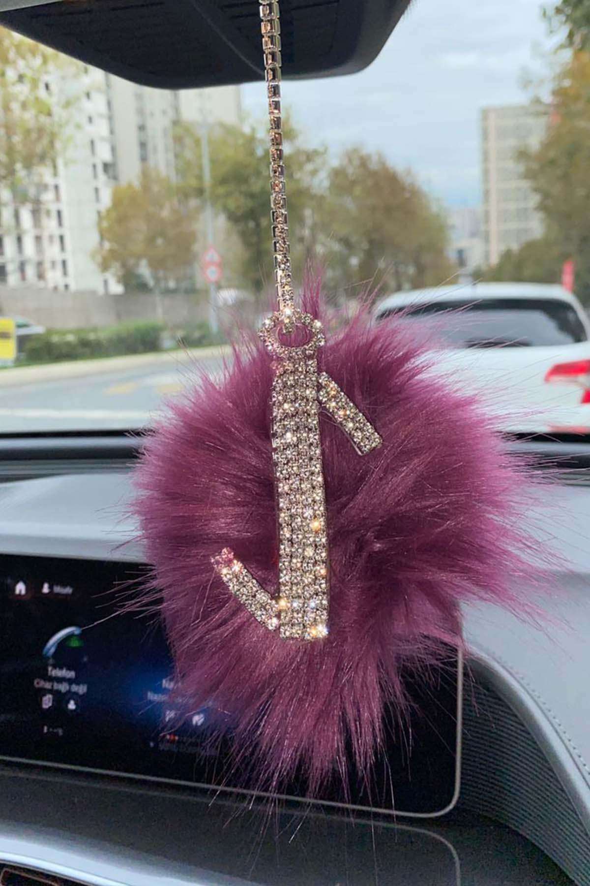 Swarovski Gümüş Taşlı Dikiz Ayna Kolye Süsü Pembe Tüylü I Harfi