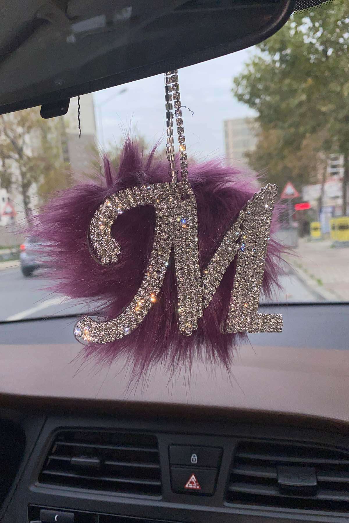 Swarovski Gümüş Taşlı Dikiz Ayna Kolye Süsü Mor Tüylü M Harfi