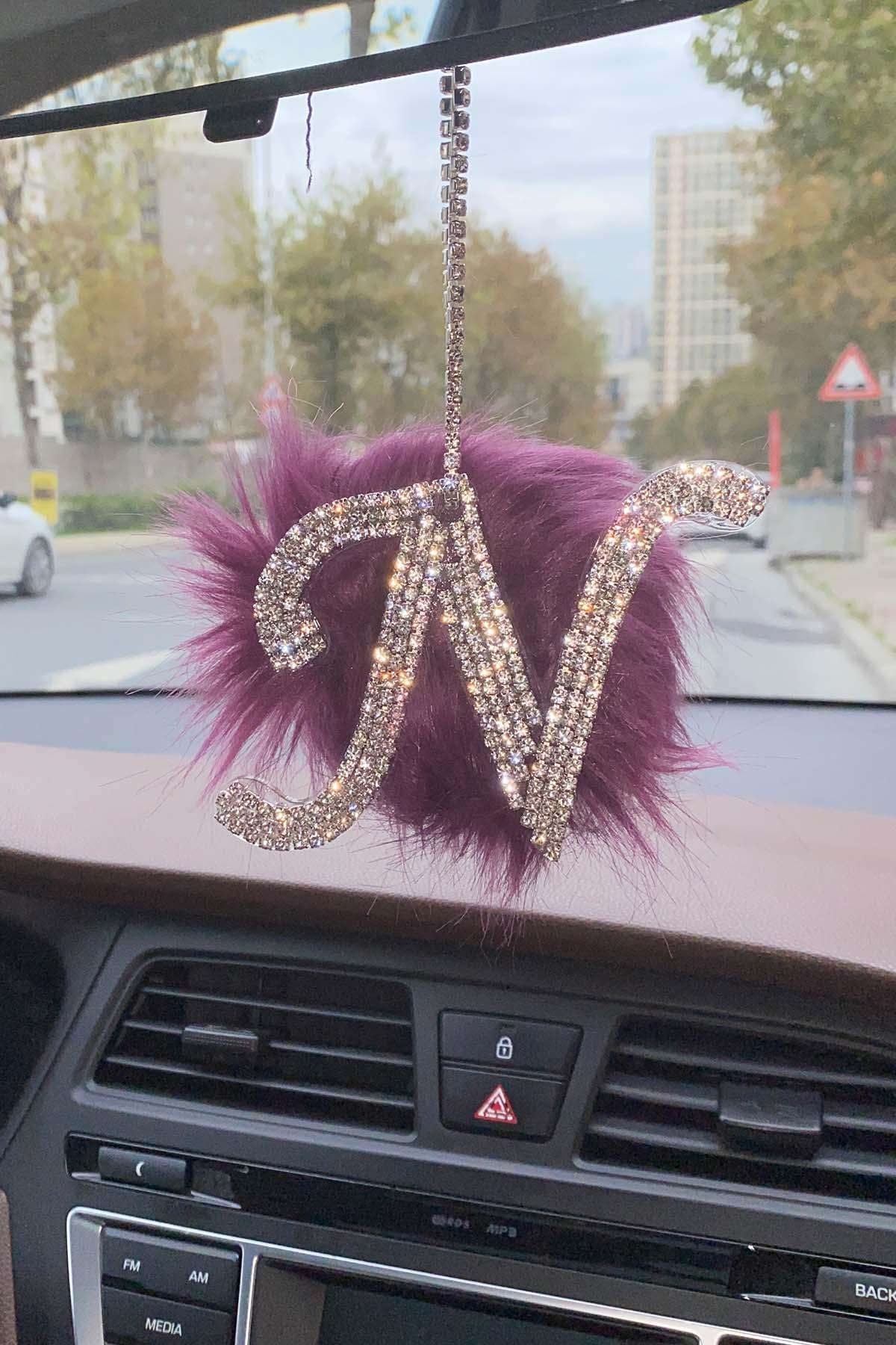 Swarovski Gümüş Taşlı Dikiz Ayna Kolye Süsü Mor Tüylü N Harfi