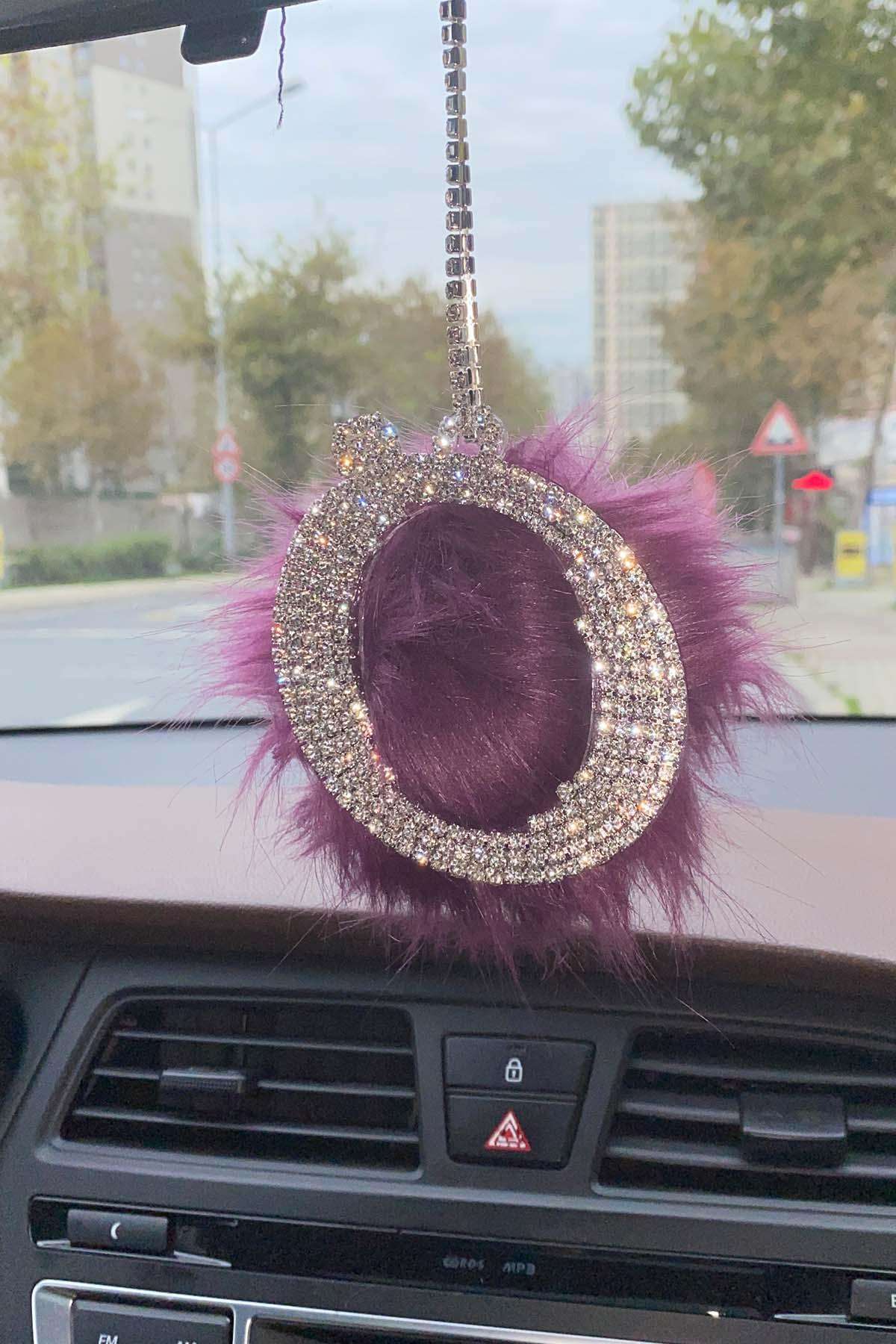 Swarovski Gümüş Taşlı Dikiz Ayna Kolye Süsü Mor Tüylü Ö Harfi