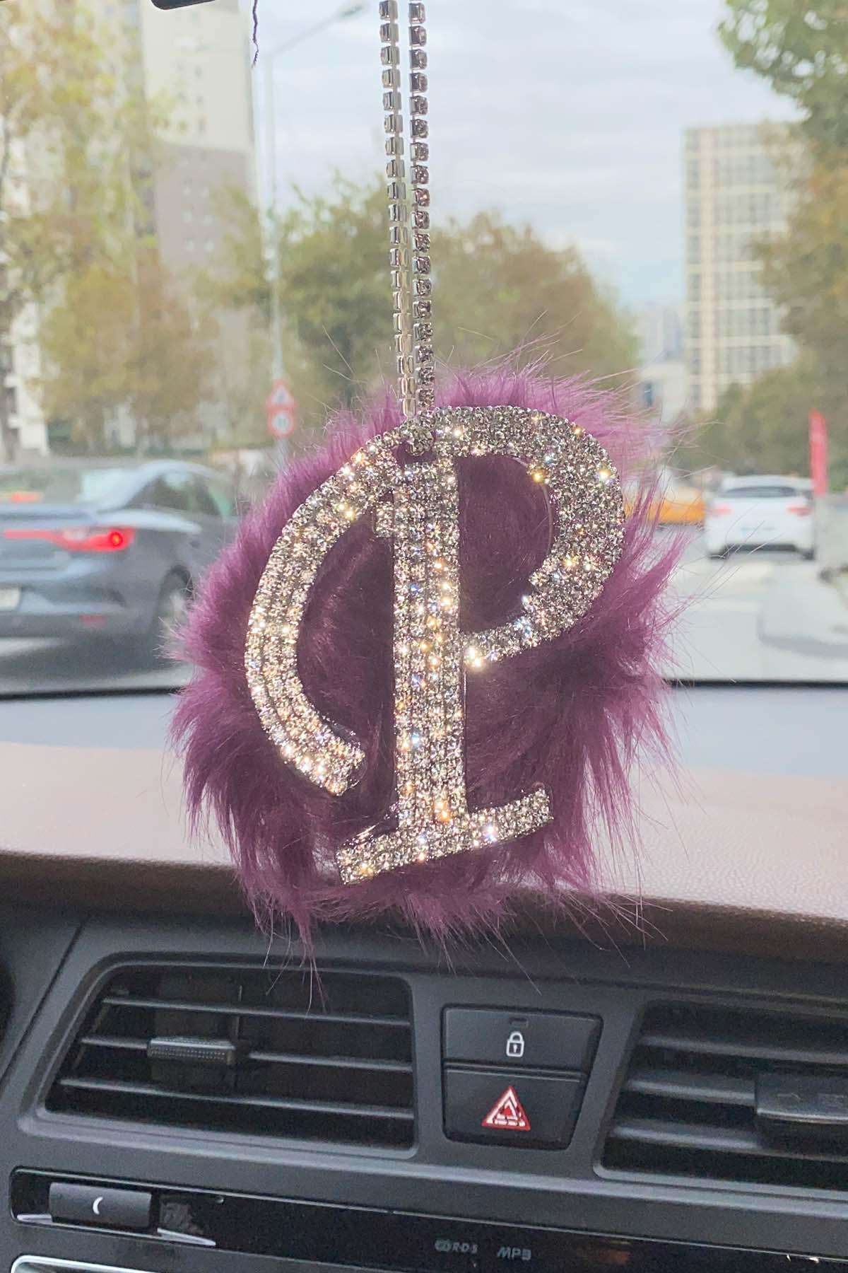 Swarovski Gümüş Taşlı Dikiz Ayna Kolye Süsü Mor Tüylü P Harfi